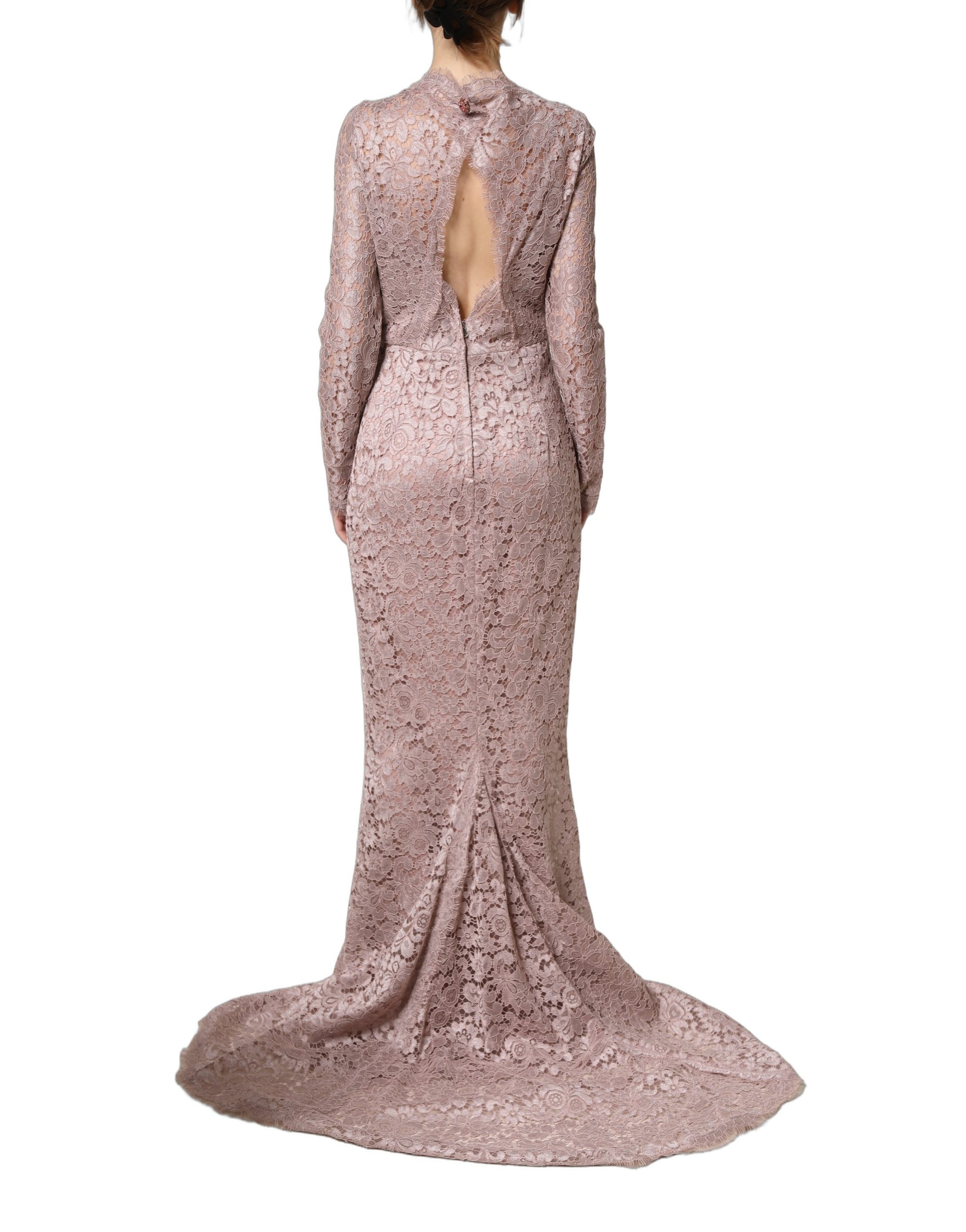 Dolce & Gabbana Pink Lace Long Sleeves Evening Gown Dress - Image 4
