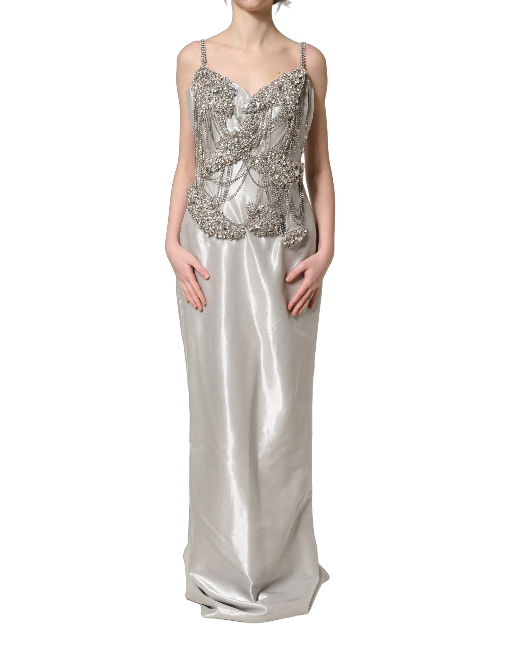 Dolce & Gabbana Silver Crystal Embellished EveningGown Dress - Image 2