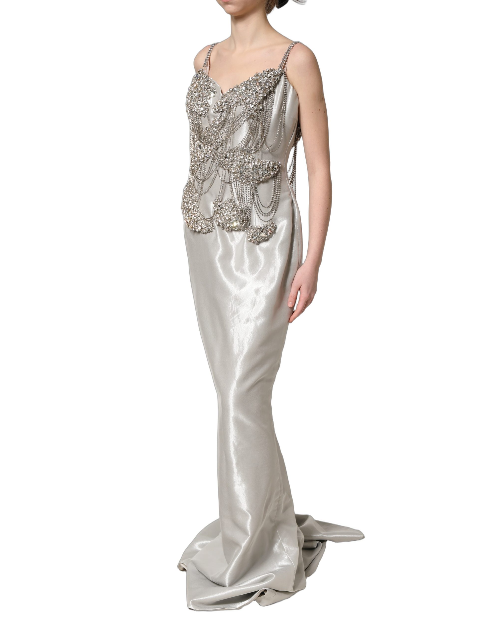 Dolce & Gabbana Silver Crystal Embellished EveningGown Dress - Image 3