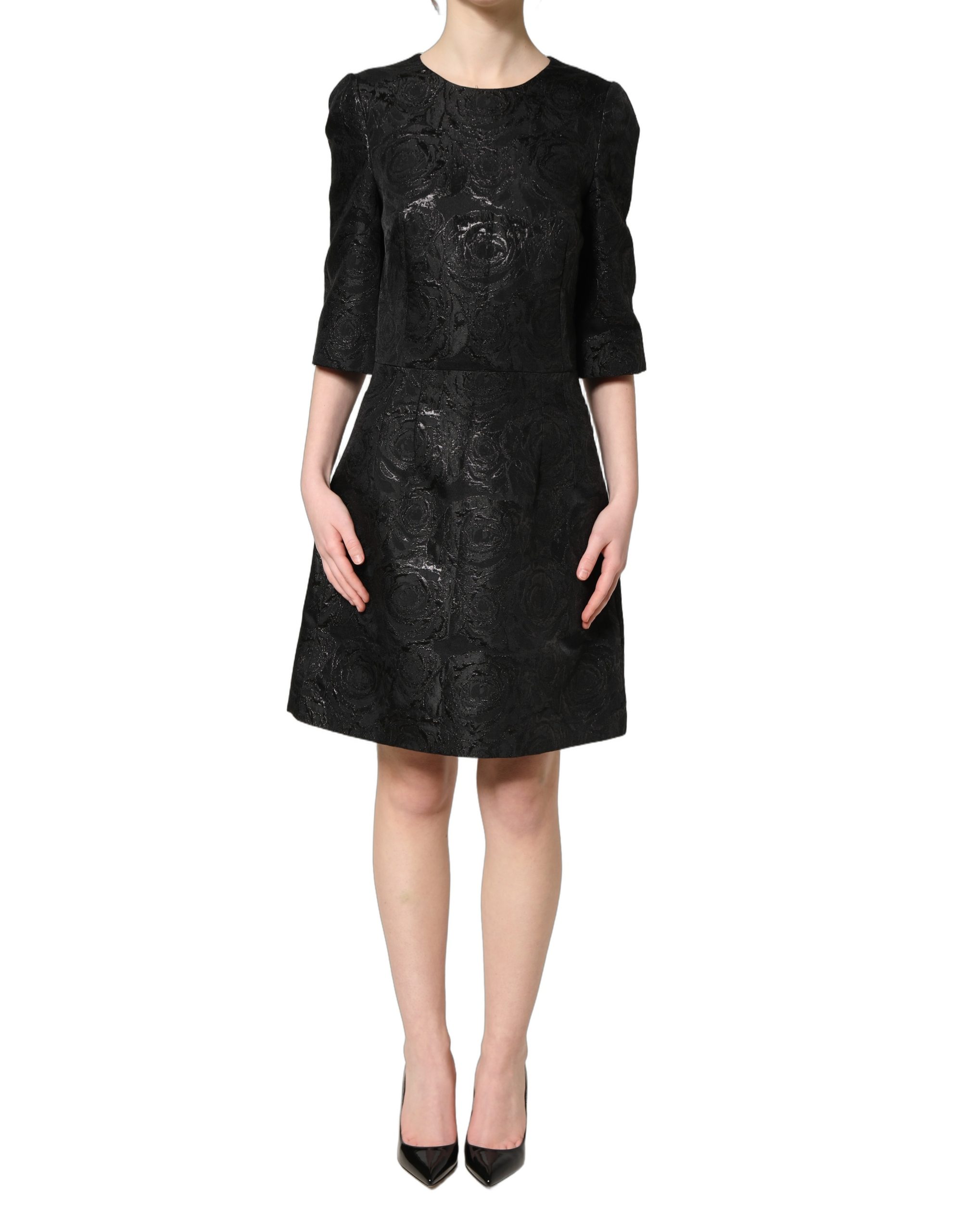 Dolce & Gabbana Black Floral Jacquard Flared A-line Dress - Image 2