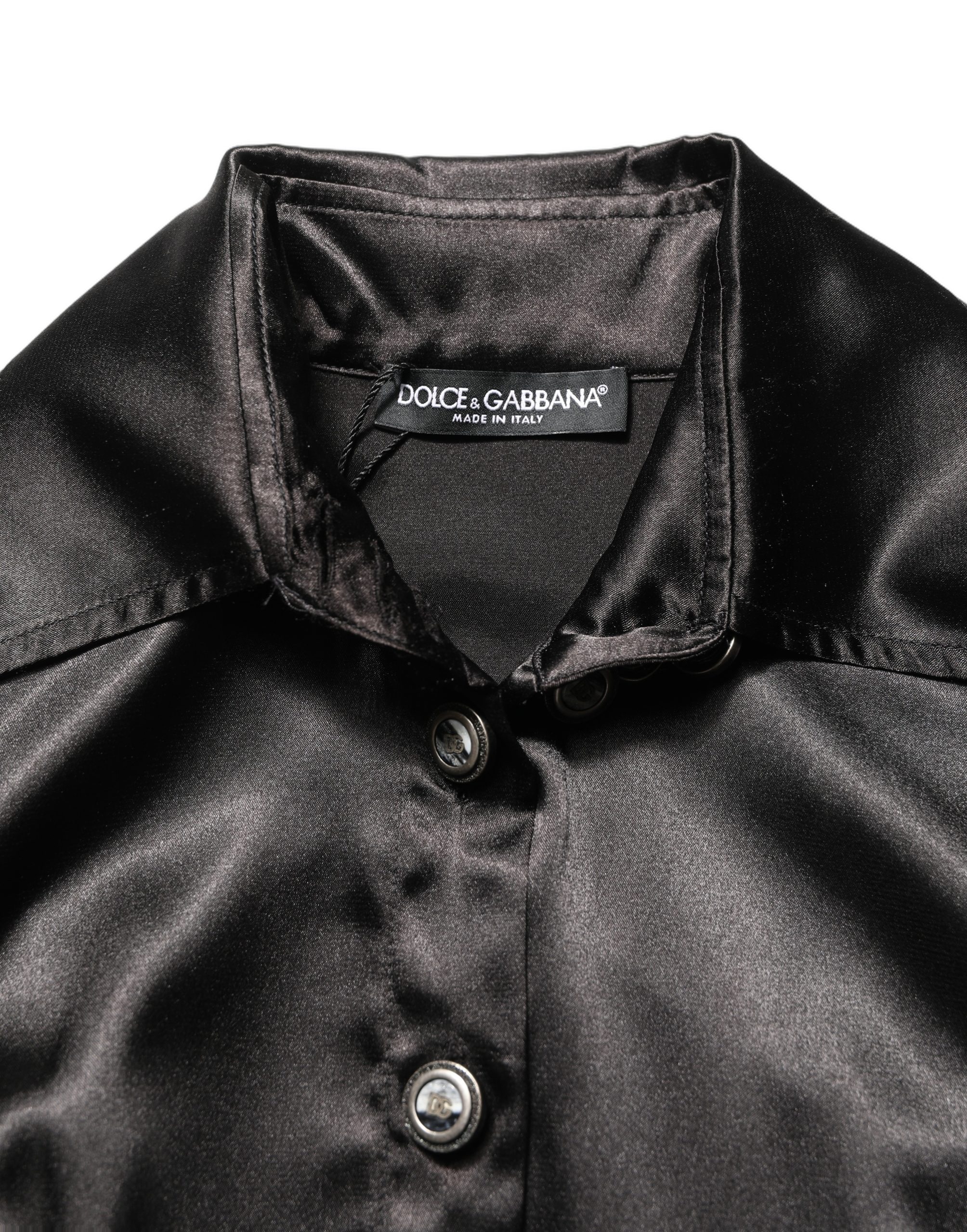 Dolce & Gabbana Black Satin Long Puff Sleeves Pleated Dress - Image 6