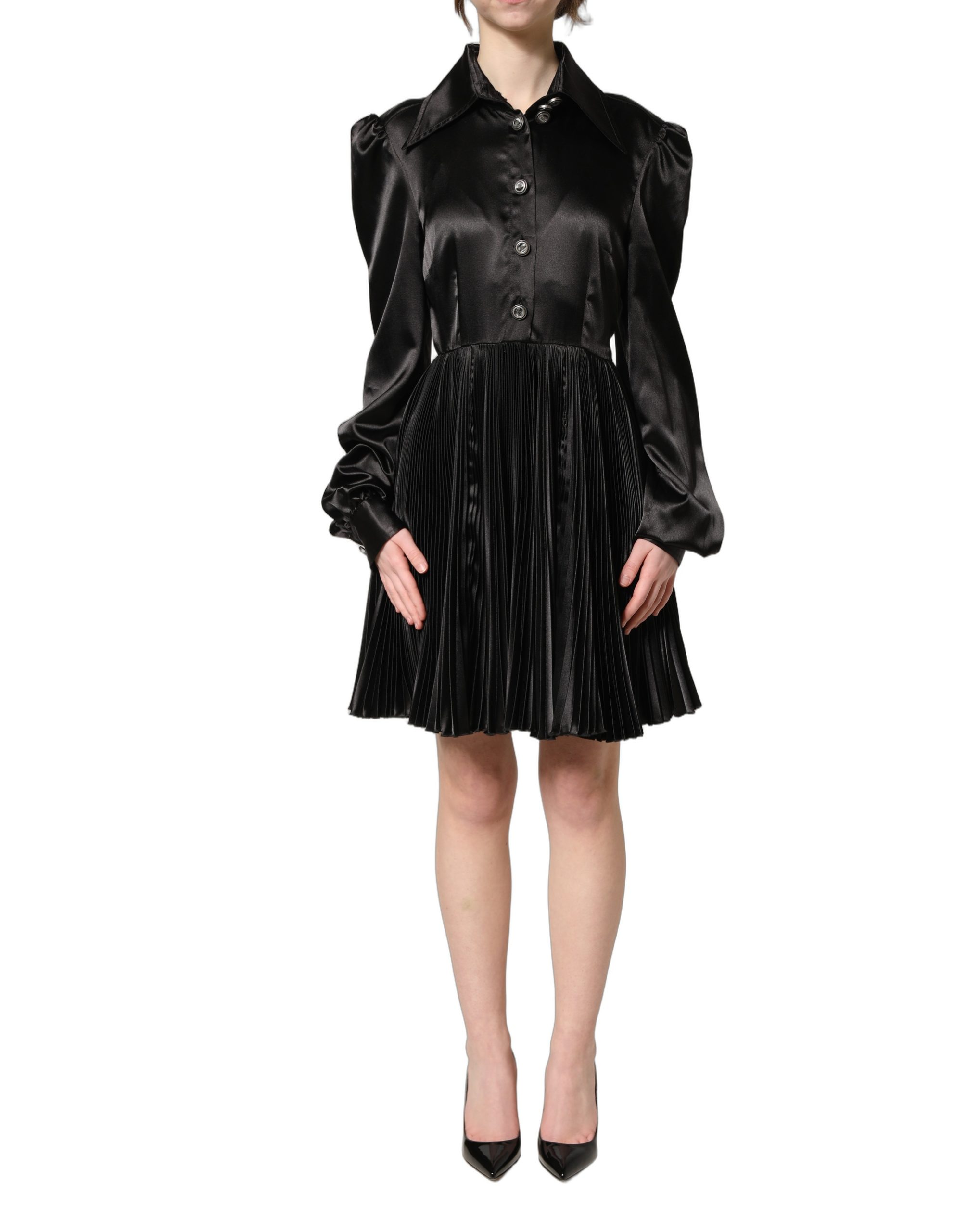 Dolce & Gabbana Black Satin Long Puff Sleeves Pleated Dress - Image 2