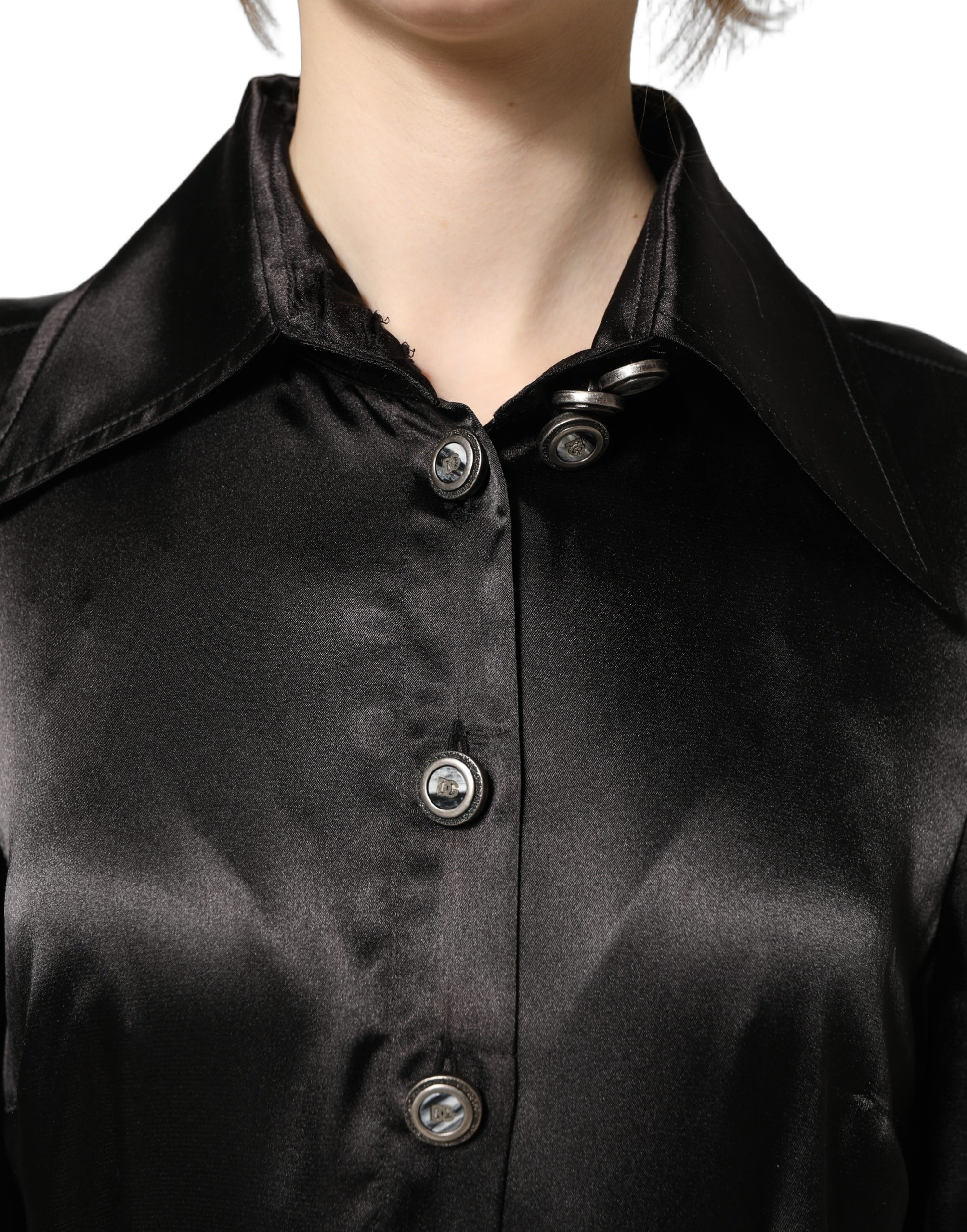 Dolce & Gabbana Black Satin Long Puff Sleeves Pleated Dress - Image 5