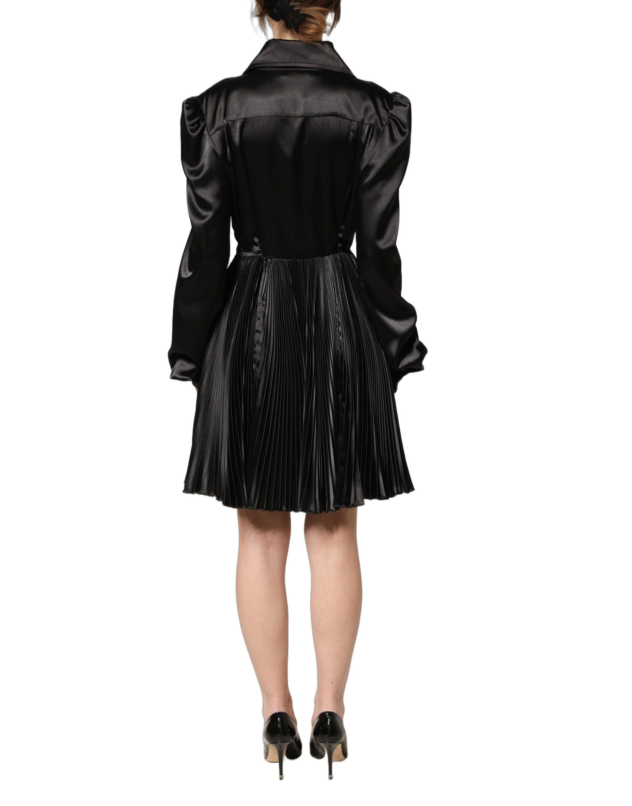 Dolce & Gabbana Black Satin Long Puff Sleeves Pleated Dress - Image 4
