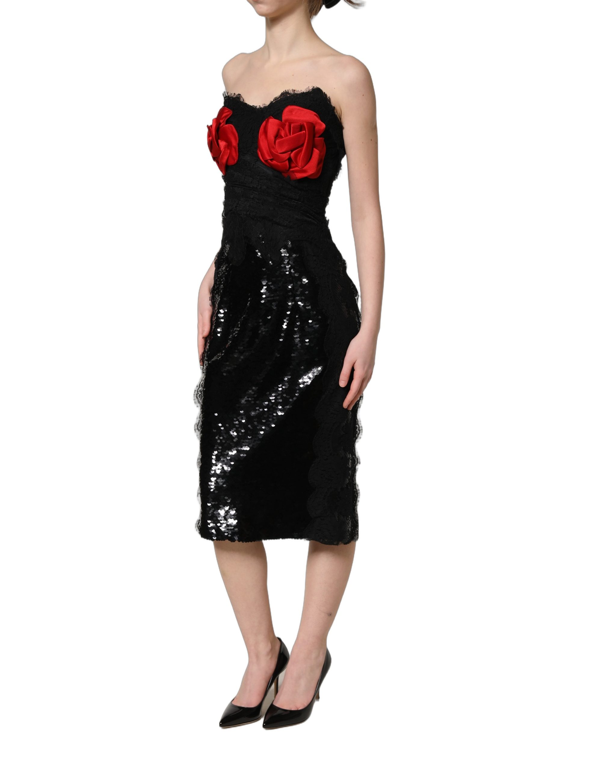 Dolce & Gabbana Black Strapless Red Rose Sequined Midi Dress - Image 3