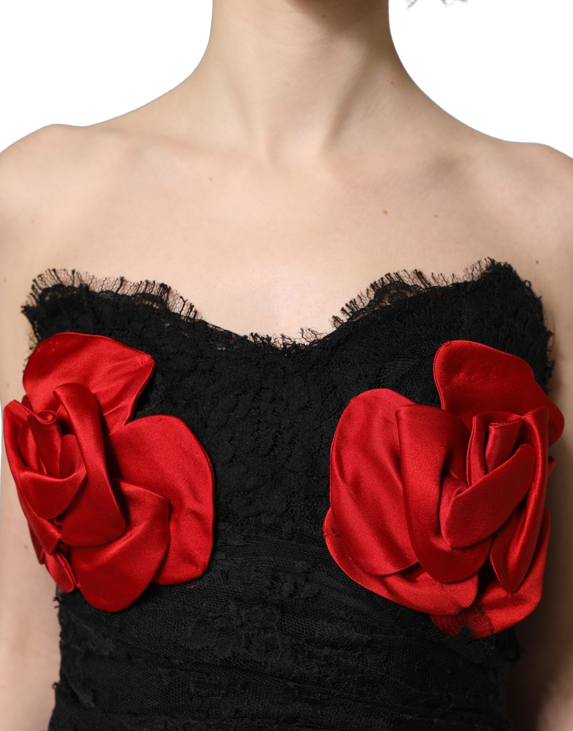Dolce & Gabbana Black Strapless Red Rose Sequined Midi Dress - Image 5