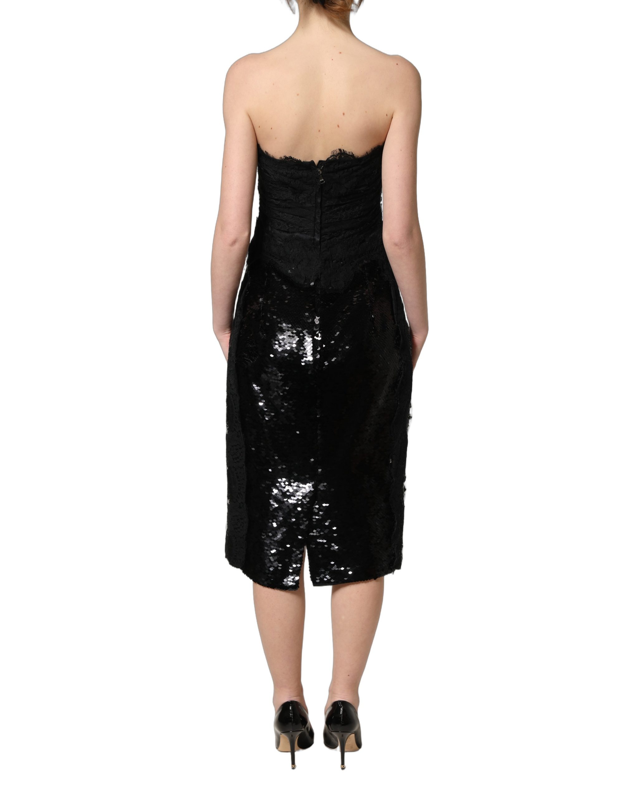 Dolce & Gabbana Black Strapless Red Rose Sequined Midi Dress - Image 4
