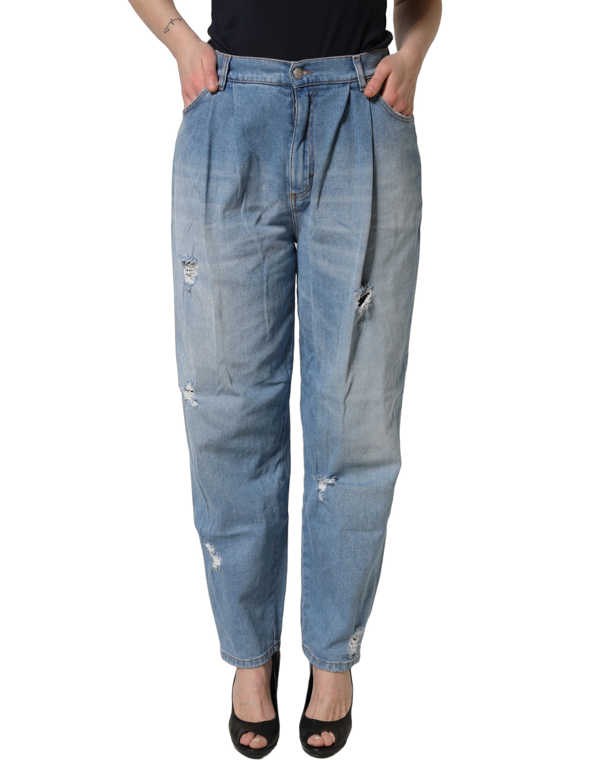 Dolce & Gabbana Blue Distressed Pleated Cotton Denim Jeans - Image 2