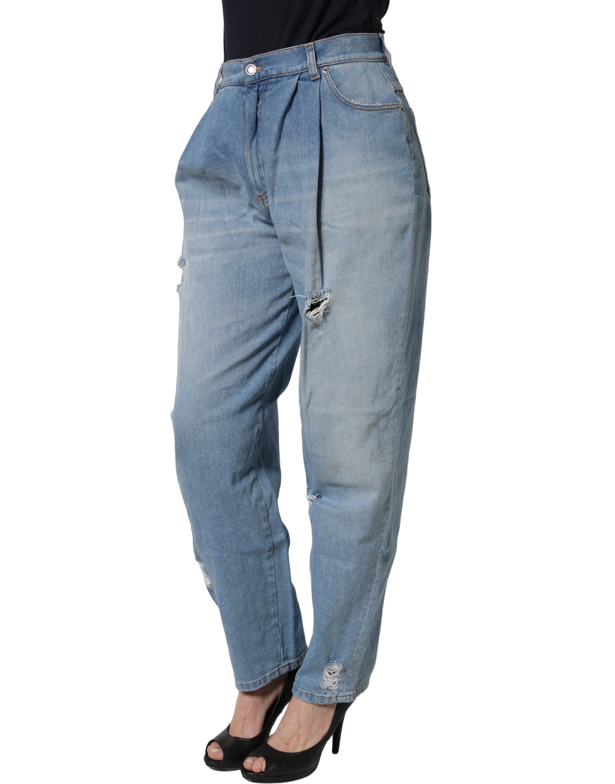 Dolce & Gabbana Blue Distressed Pleated Cotton Denim Jeans - Image 3