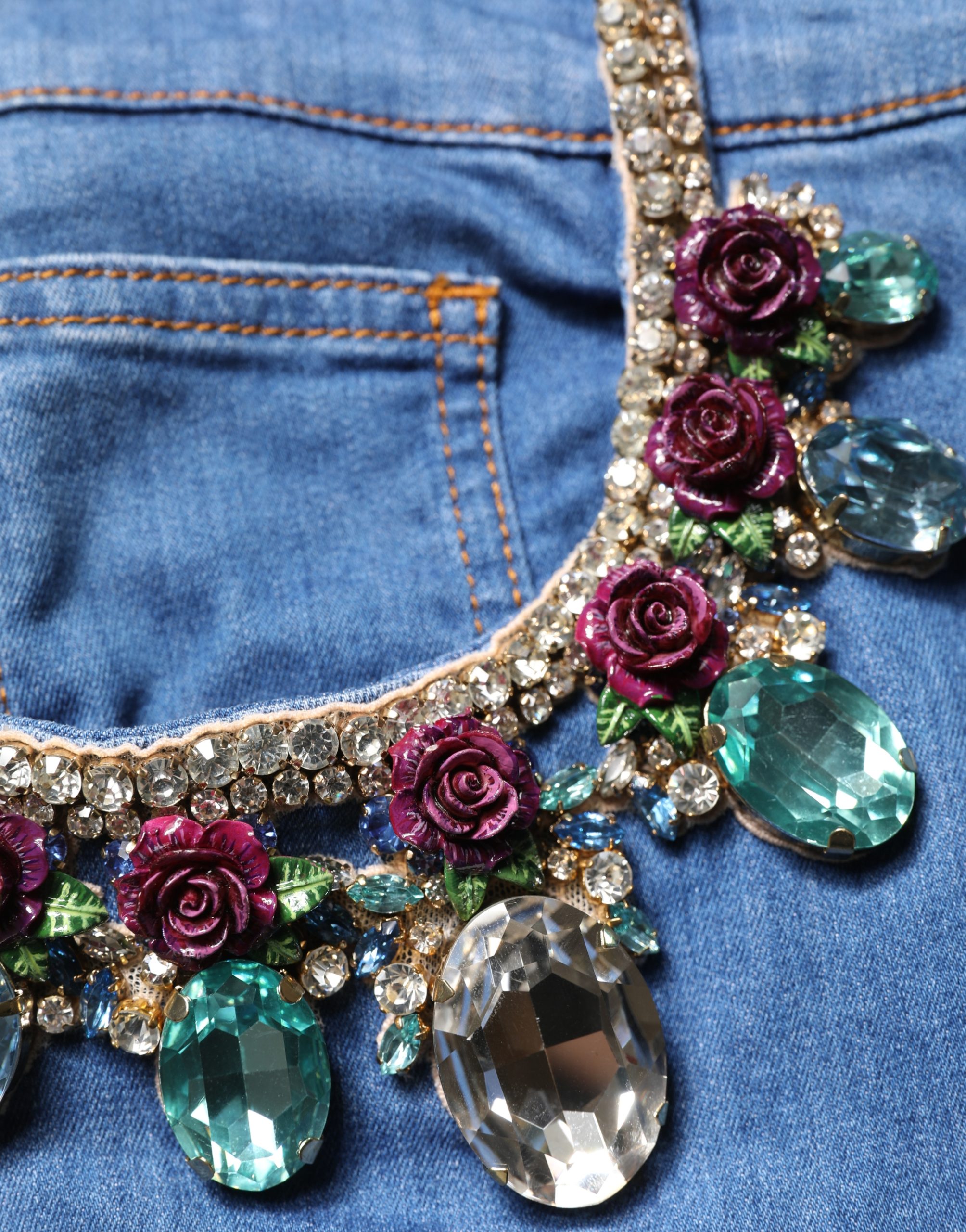 Dolce & Gabbana Blue Cotton Embellished BermudaDenim Shorts - Image 6