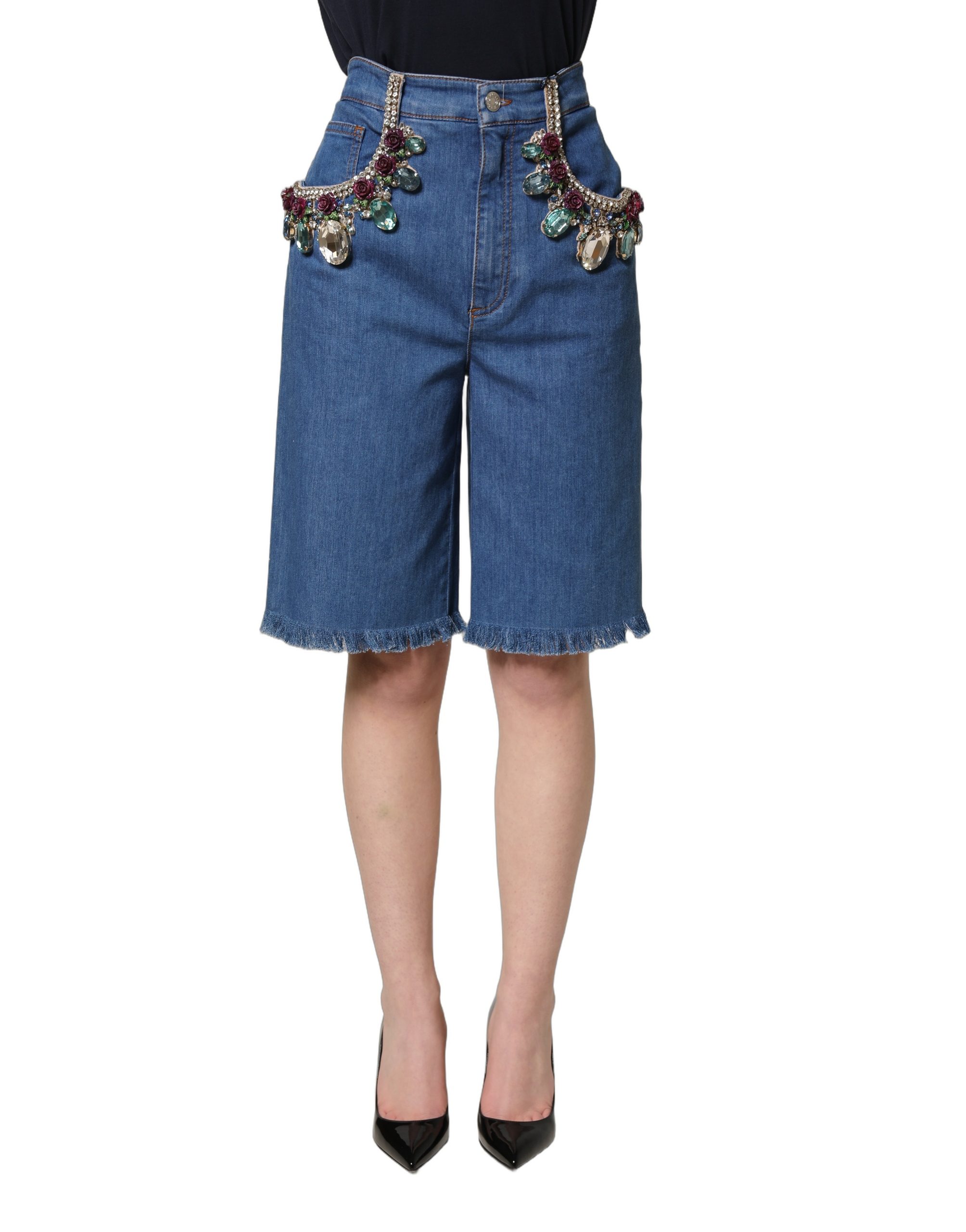 Dolce & Gabbana Blue Cotton Embellished BermudaDenim Shorts - Image 2
