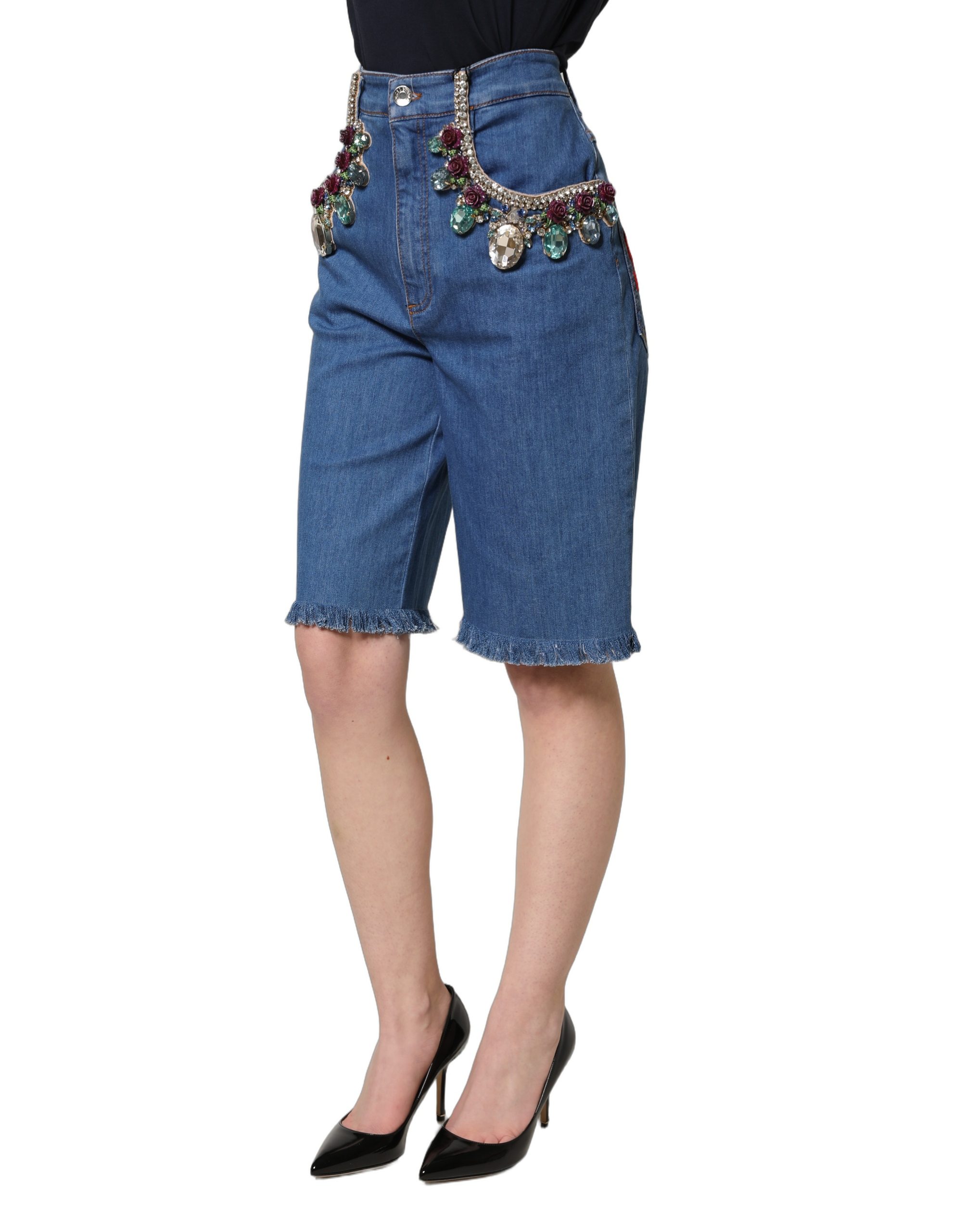 Dolce & Gabbana Blue Cotton Embellished BermudaDenim Shorts - Image 3