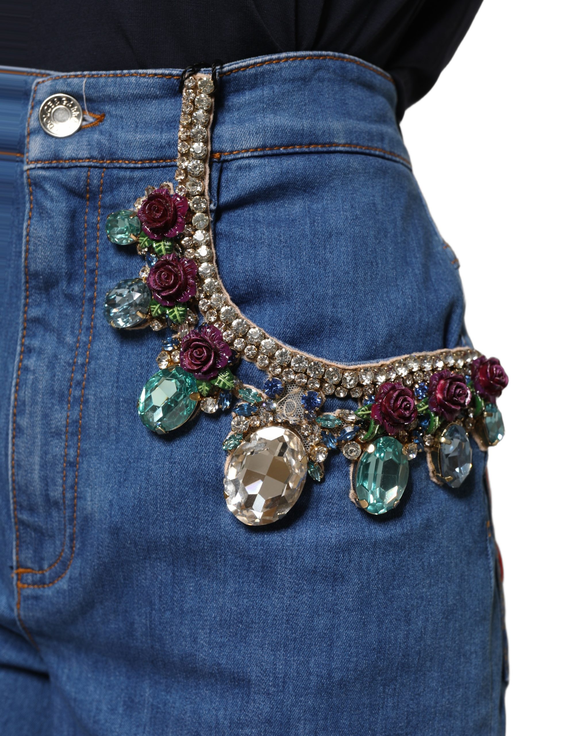 Dolce & Gabbana Blue Cotton Embellished BermudaDenim Shorts - Image 7