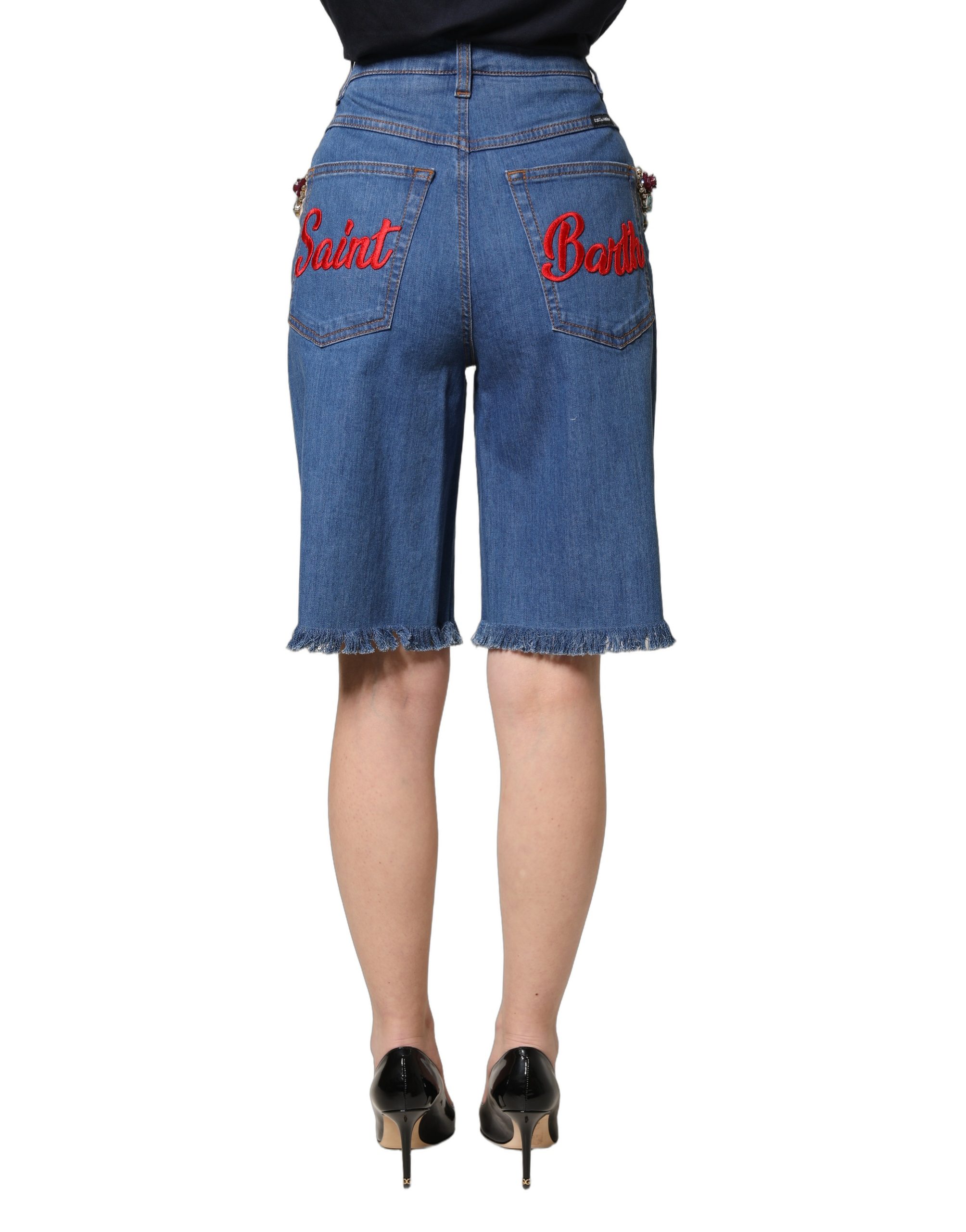 Dolce & Gabbana Blue Cotton Embellished BermudaDenim Shorts - Image 4