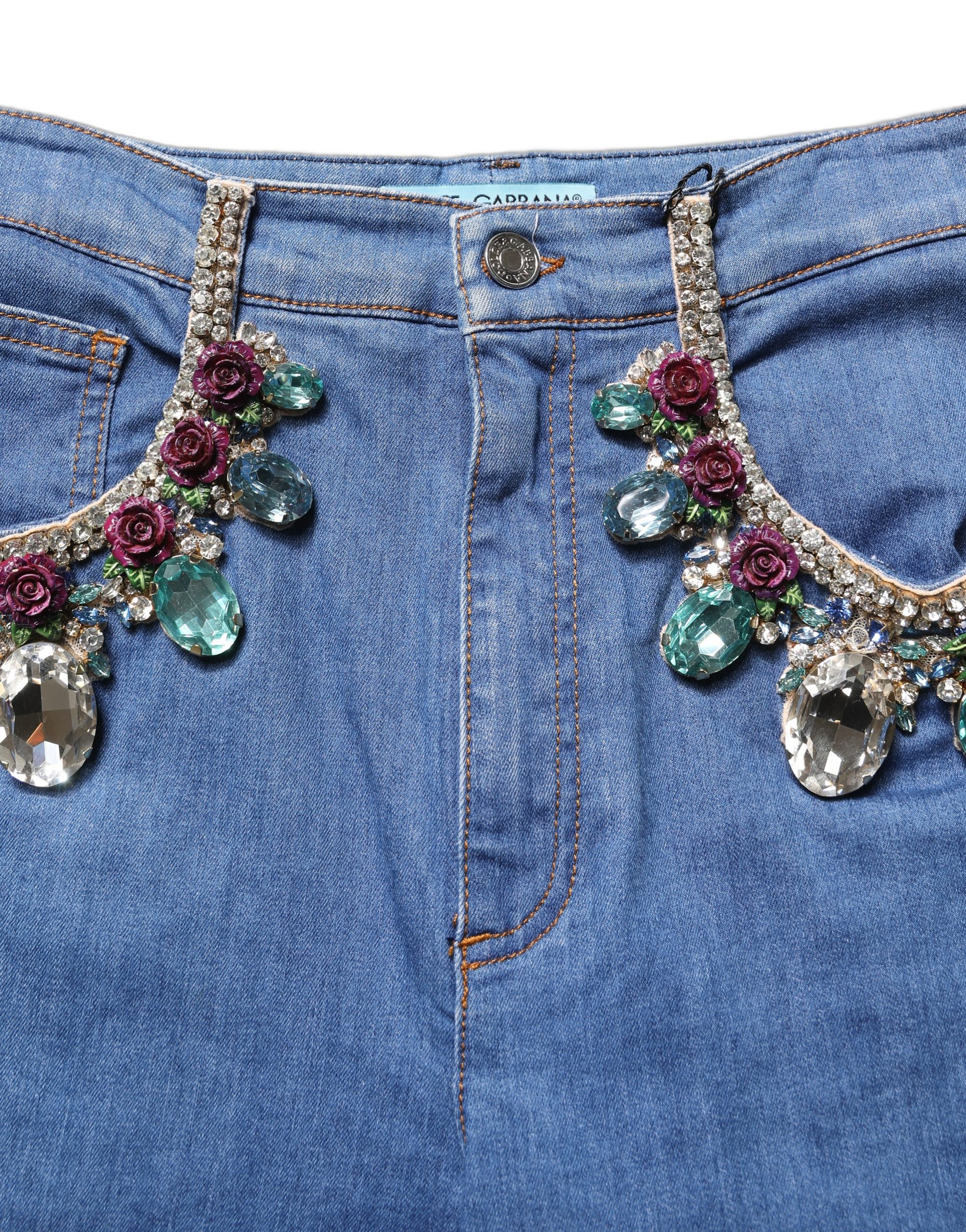 Dolce & Gabbana Blue Cotton Embellished BermudaDenim Shorts - Image 5