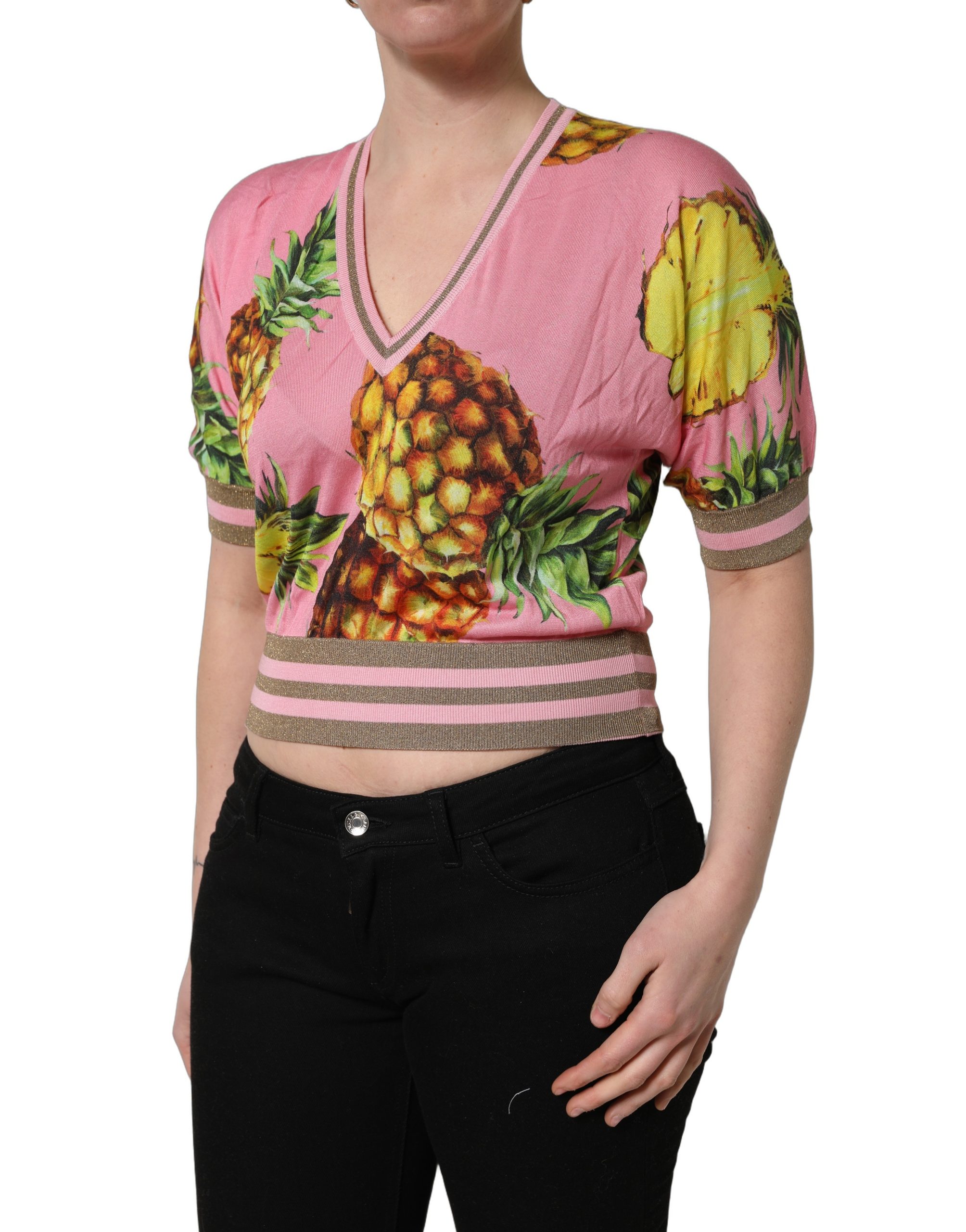 Dolce & Gabbana Pink Pineapple Vneck Short Sleeve Cropped Top - Image 3