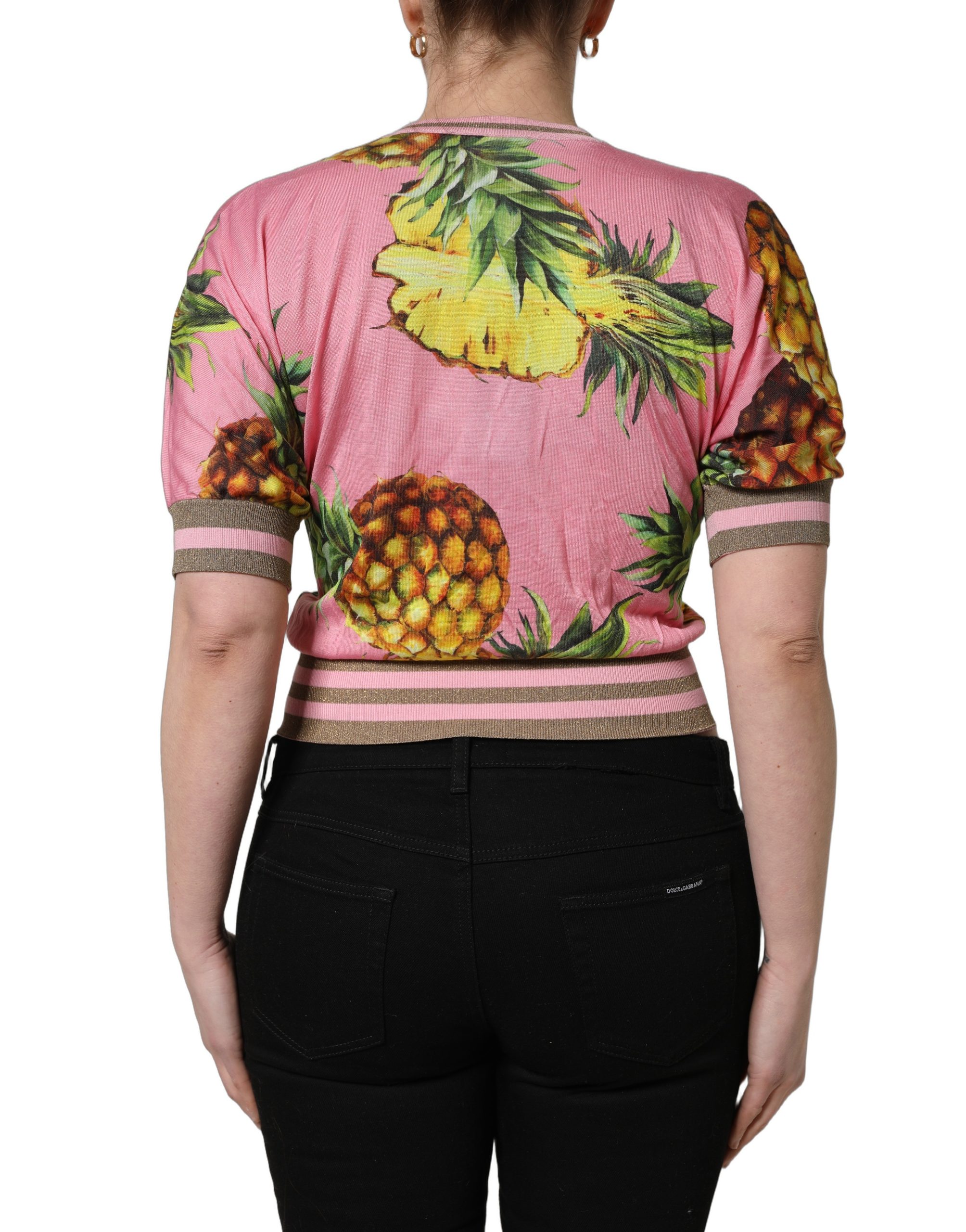 Dolce & Gabbana Pink Pineapple Vneck Short Sleeve Cropped Top - Image 4