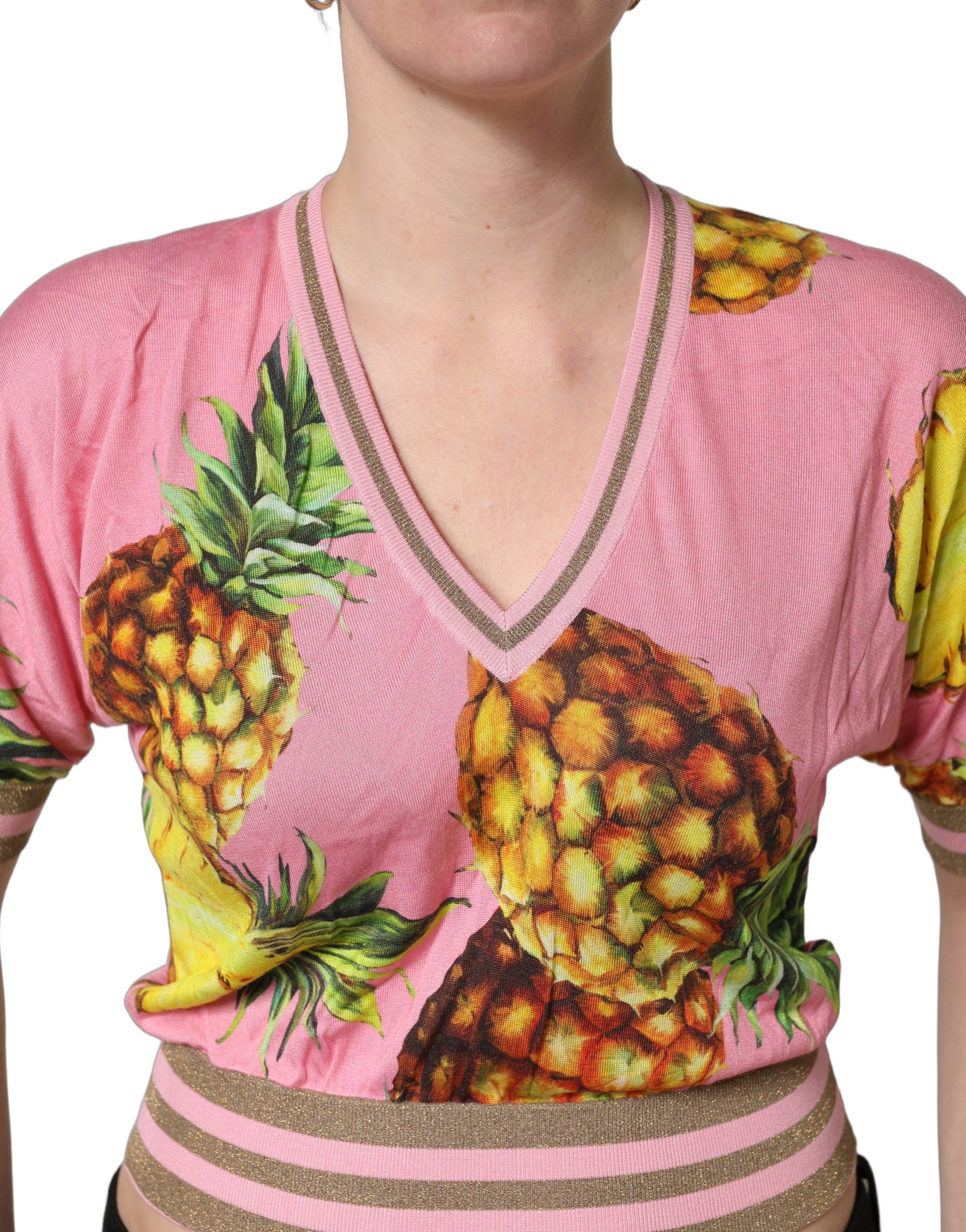 Dolce & Gabbana Pink Pineapple Vneck Short Sleeve Cropped Top - Image 5