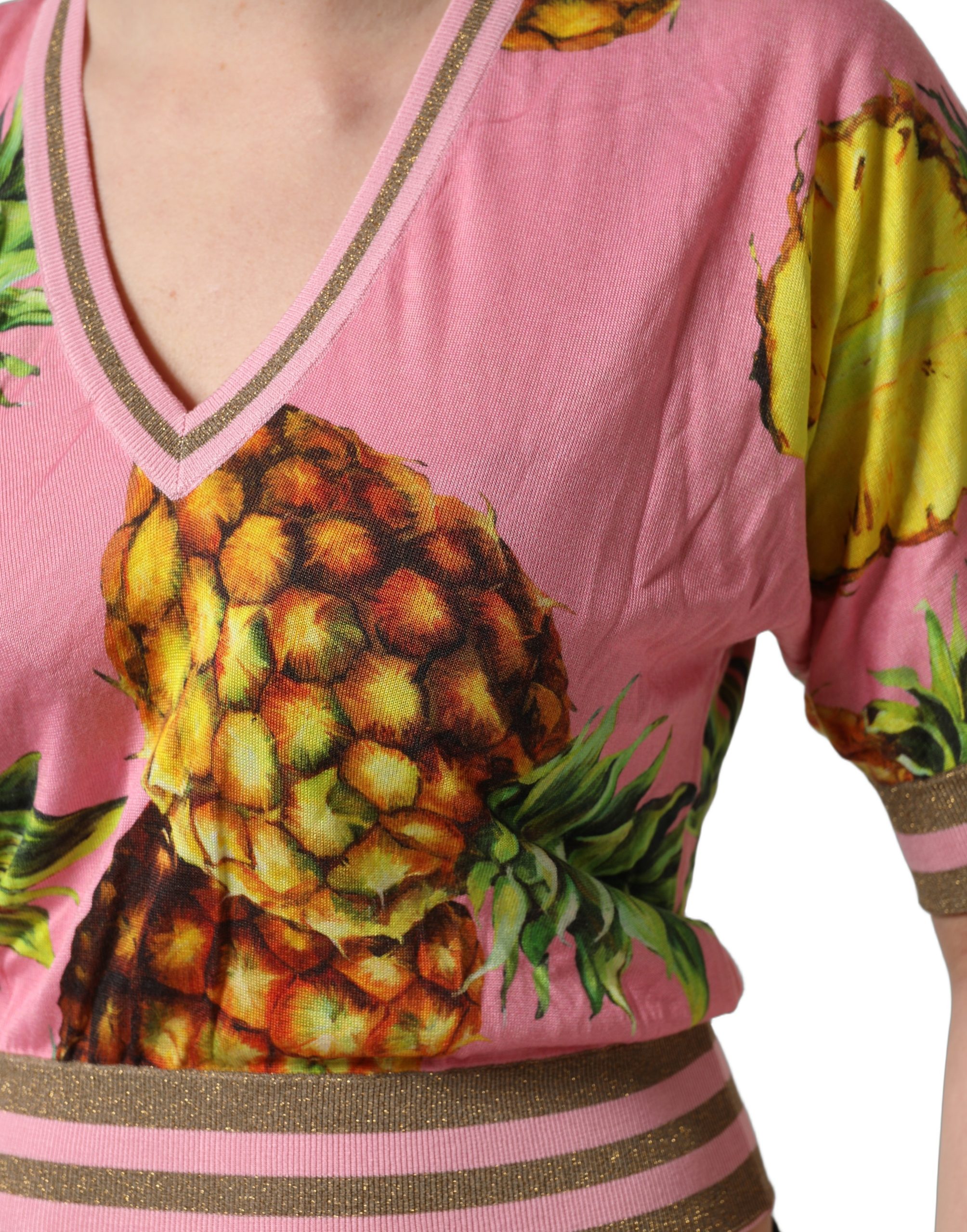 Dolce & Gabbana Pink Pineapple Vneck Short Sleeve Cropped Top - Image 6