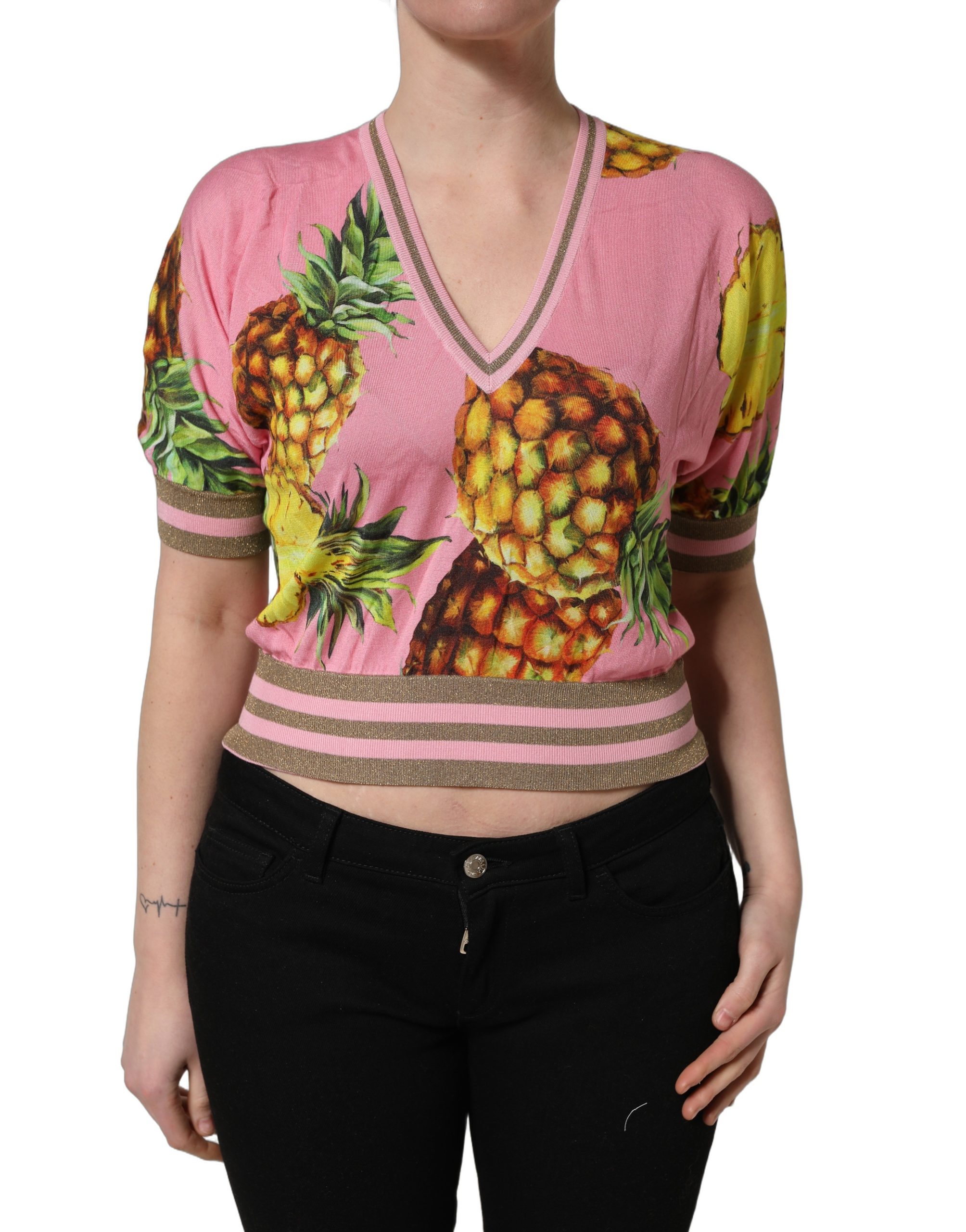 Dolce & Gabbana Pink Pineapple Vneck Short Sleeve Cropped Top - Image 2