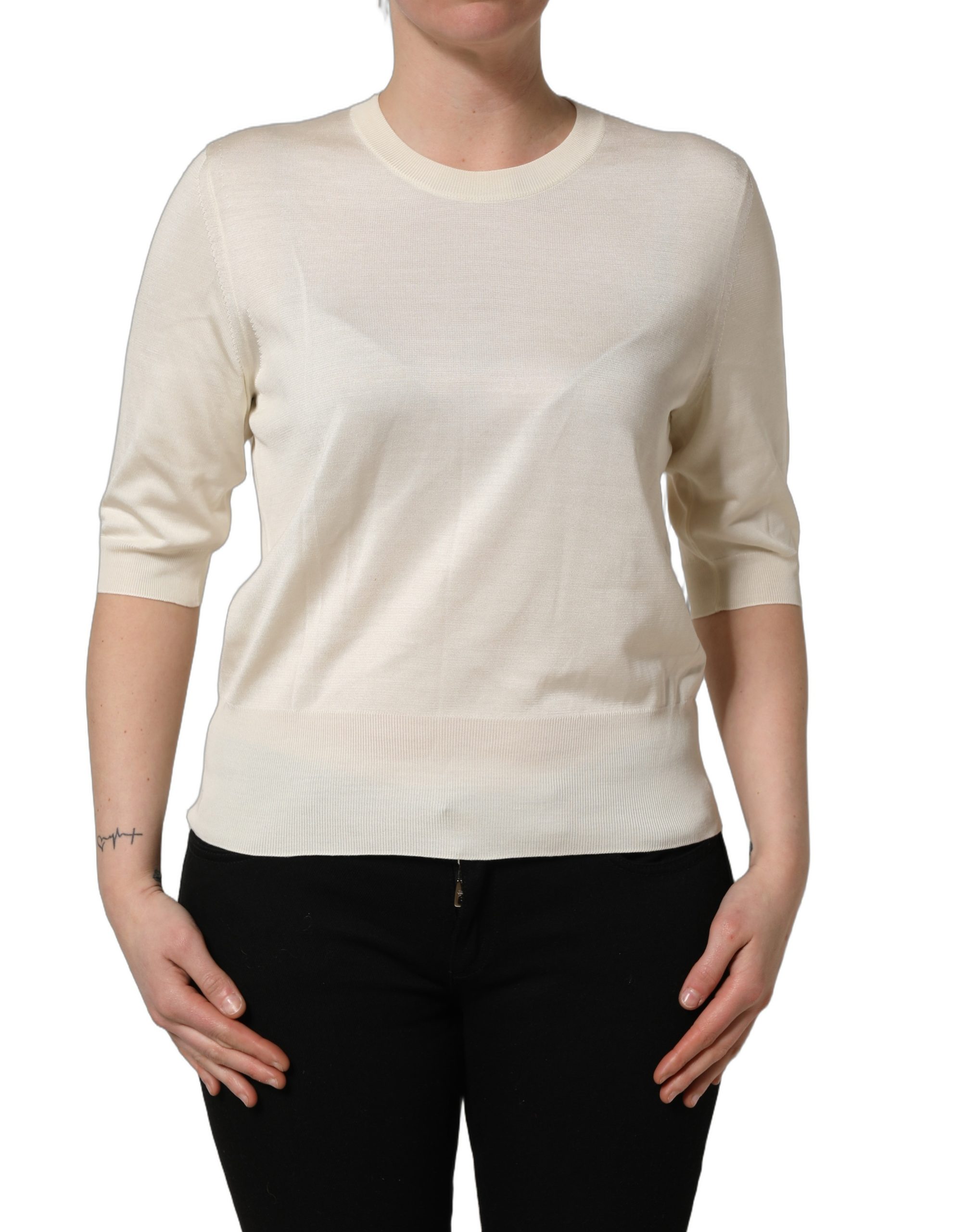 Dolce & Gabbana Off White 3/4 Sleeves Crewneck Pullover Sweater - Image 2