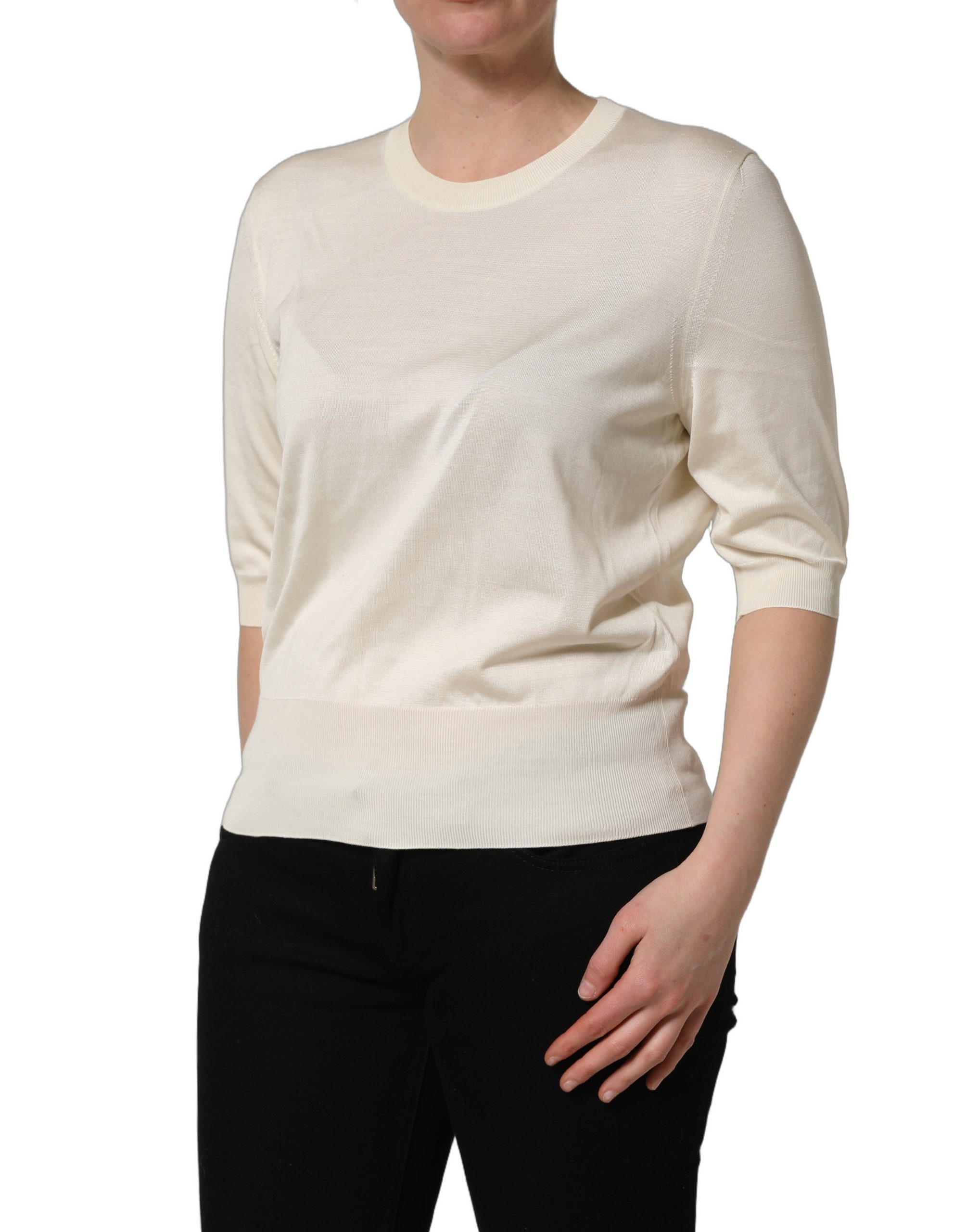 Dolce & Gabbana Off White 3/4 Sleeves Crewneck Pullover Sweater - Image 3