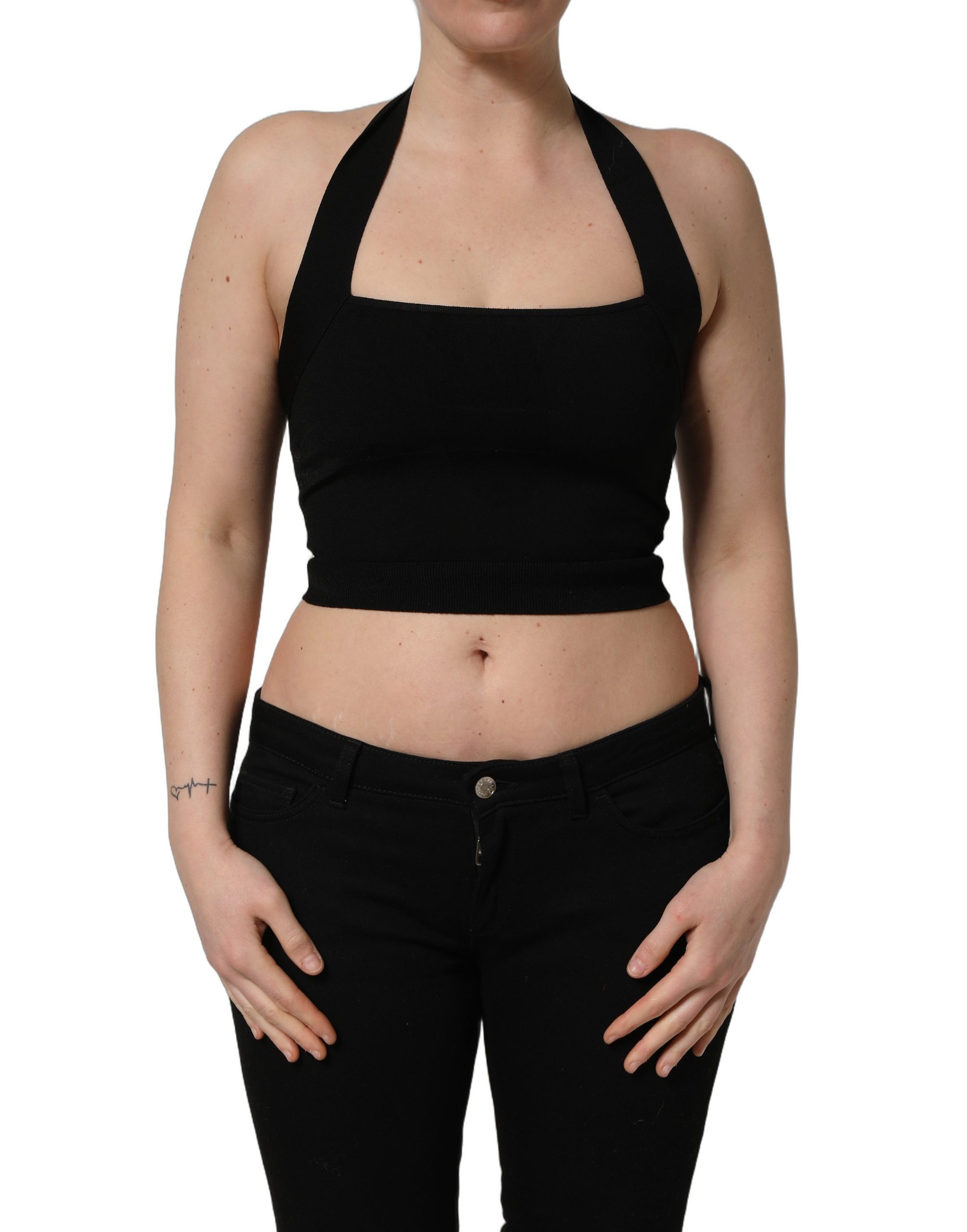 Dolce & Gabbana Black Square Neck Halter Cropped Tank Top - Image 2