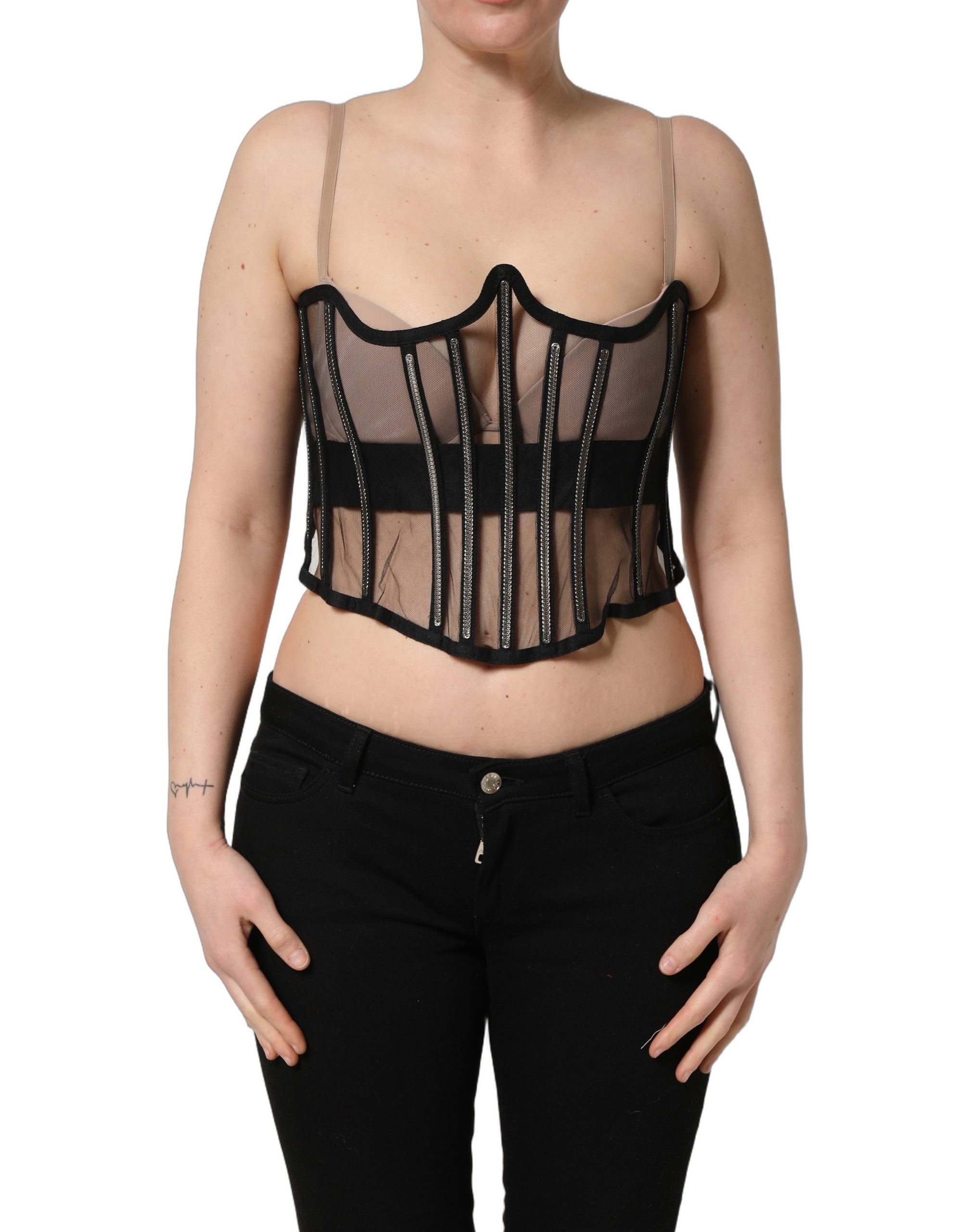 Dolce & Gabbana Black Sheer Tulle Bodysuit Cropped Corset Top - Image 2