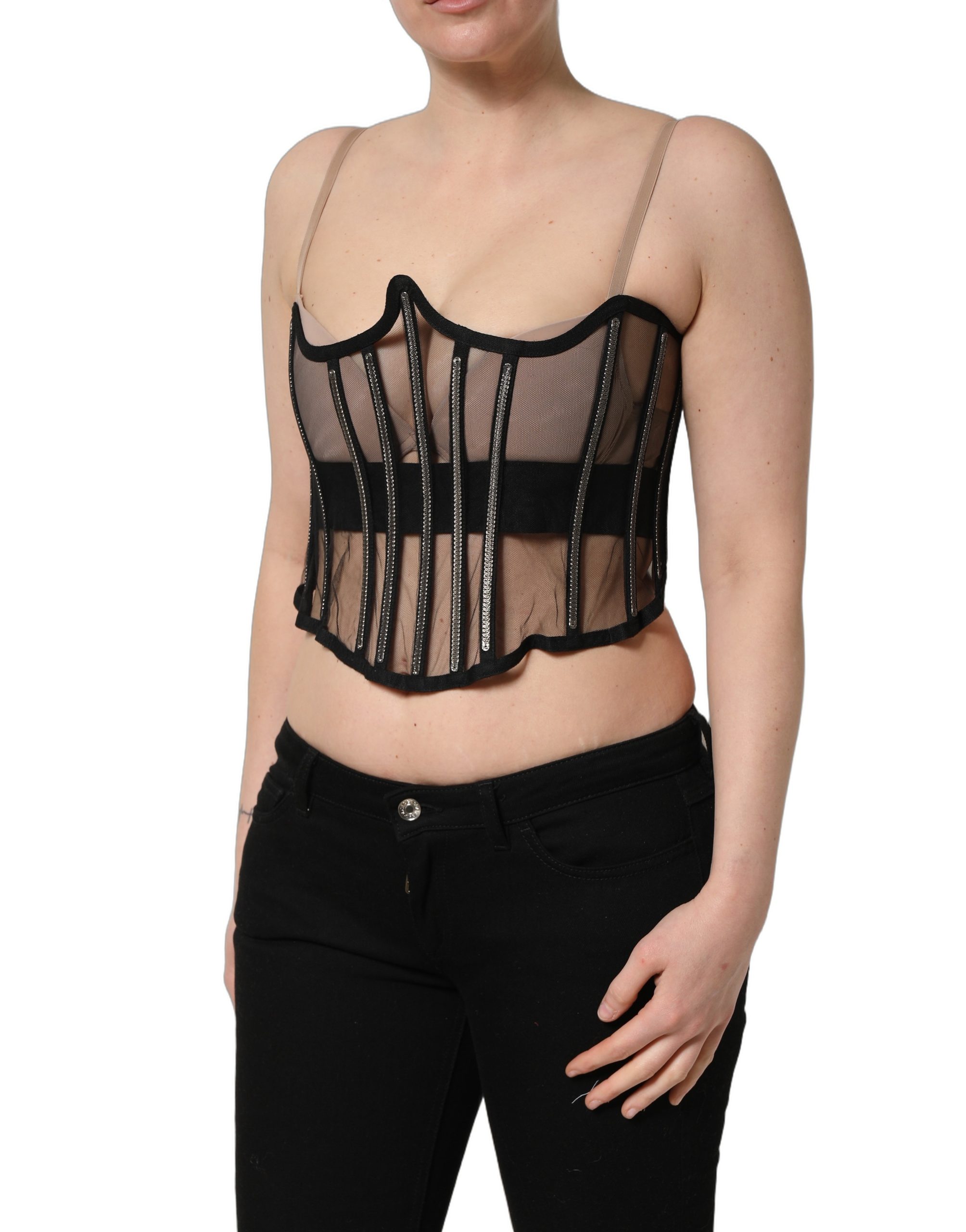 Dolce & Gabbana Black Sheer Tulle Bodysuit Cropped Corset Top - Image 3