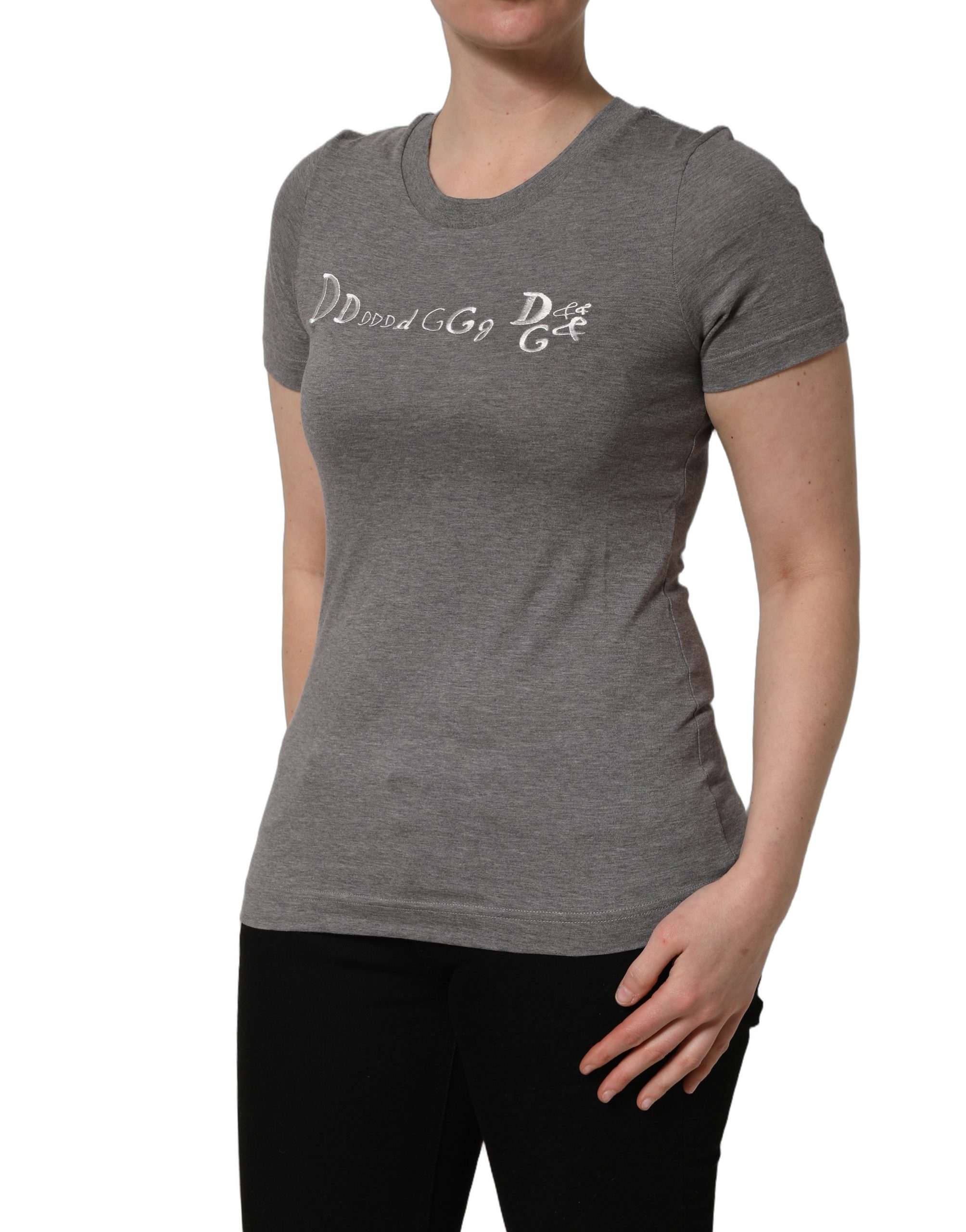 Dolce & Gabbana Gray Logo Embroidery Short Sleeve T-shirt - Image 3
