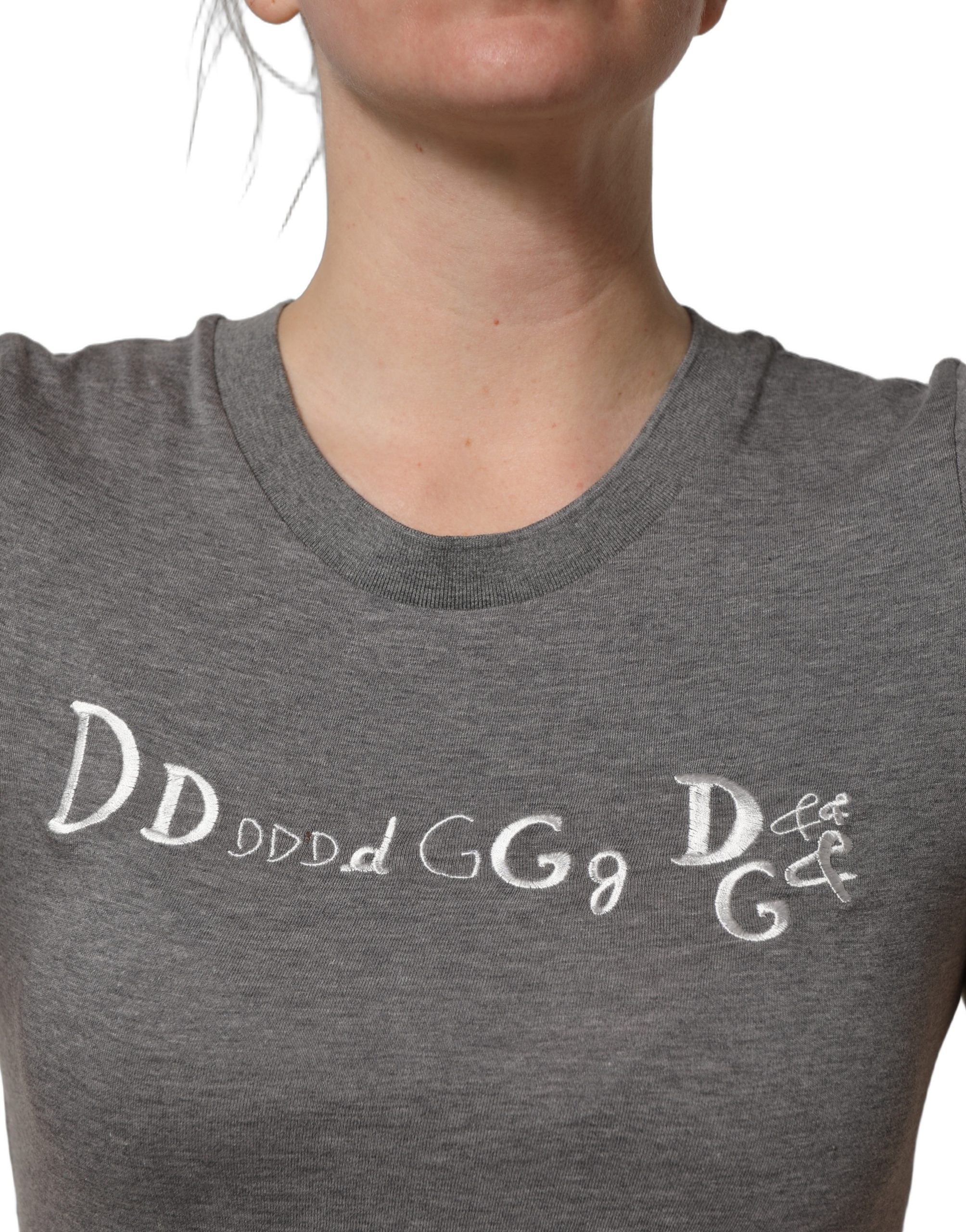 Dolce & Gabbana Gray Logo Embroidery Short Sleeve T-shirt - Image 5