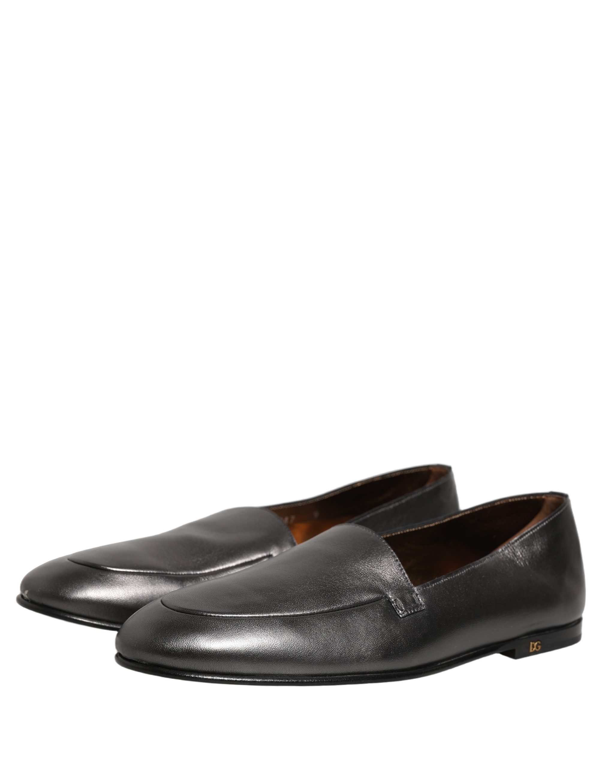 Dolce & Gabbana Silver Leather DG Logo Slip On Loafers Shoes - Image 5