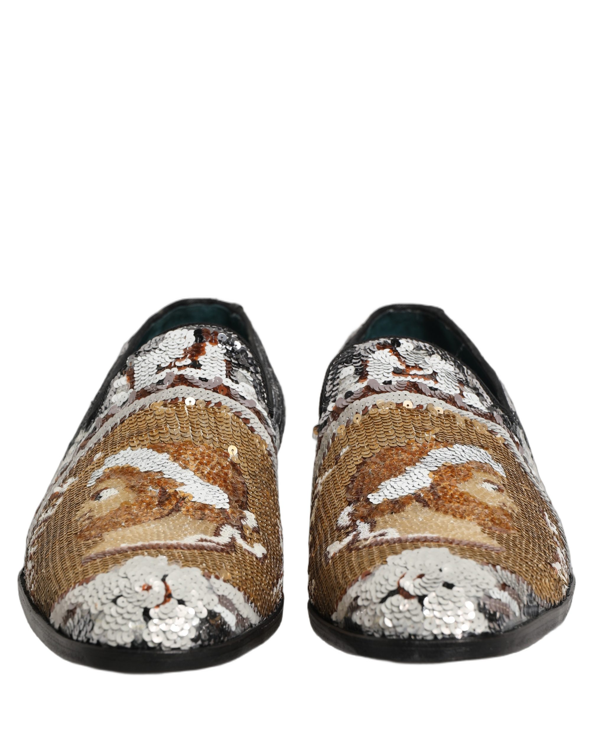 Dolce & Gabbana White Gold Sequined Slip On Loafers Shoes - Image 3