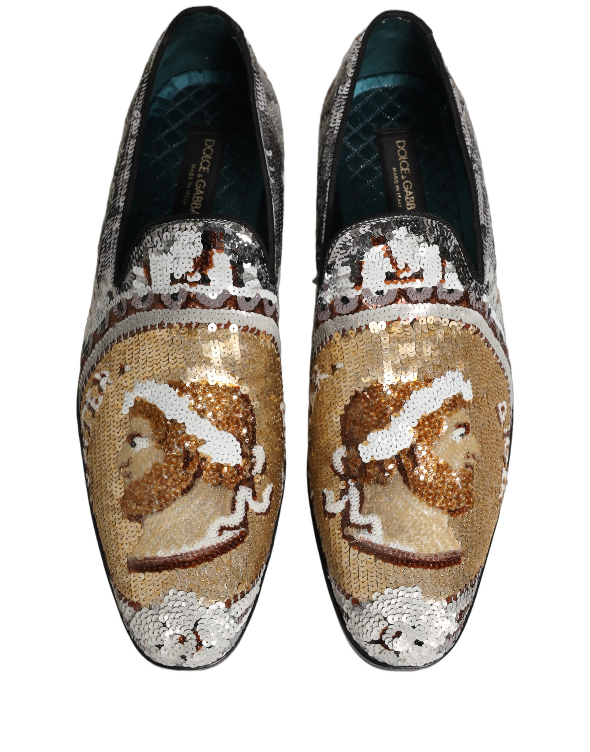 Dolce & Gabbana White Gold Sequined Slip On Loafers Shoes - Image 4