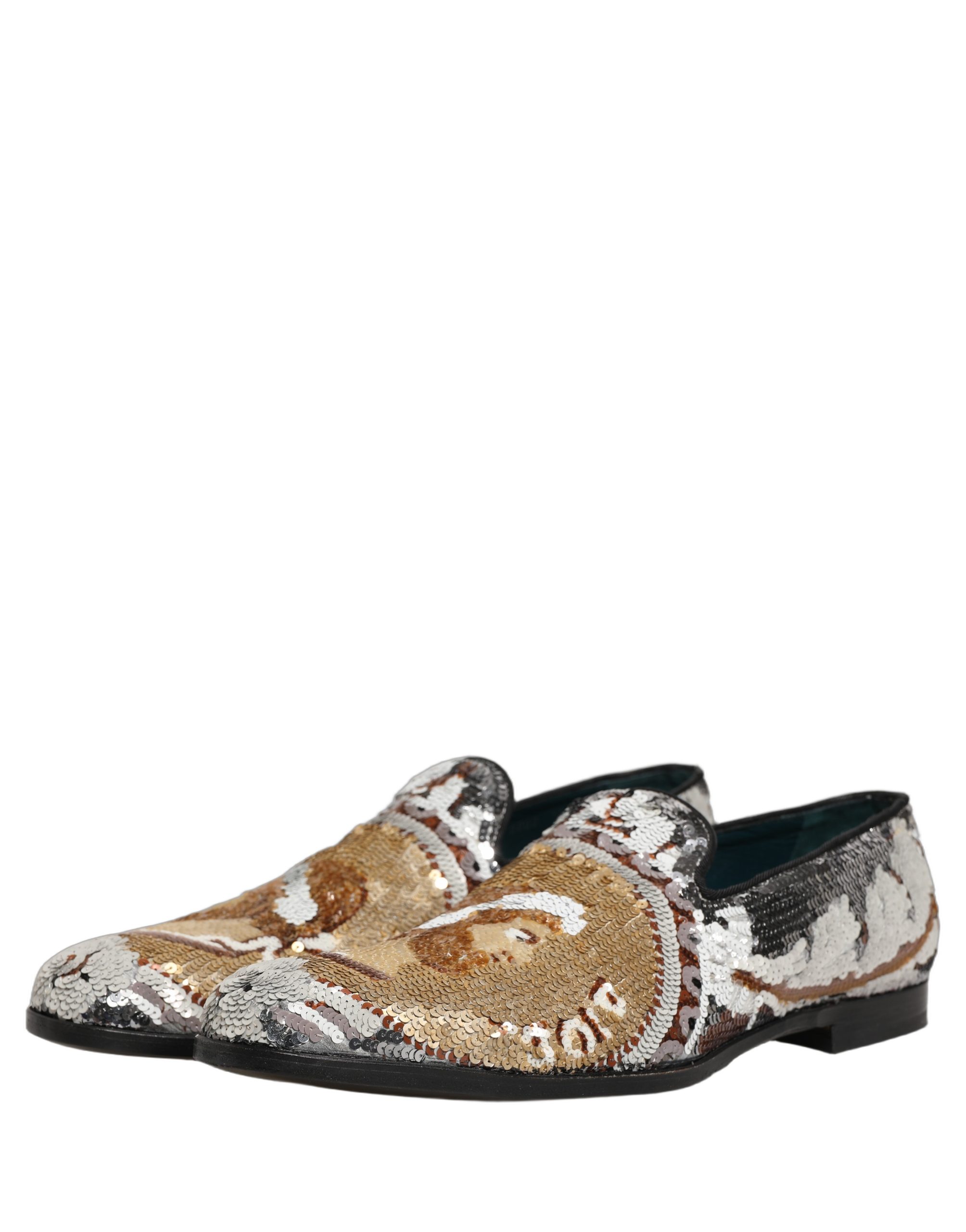 Dolce & Gabbana White Gold Sequined Slip On Loafers Shoes - Image 5