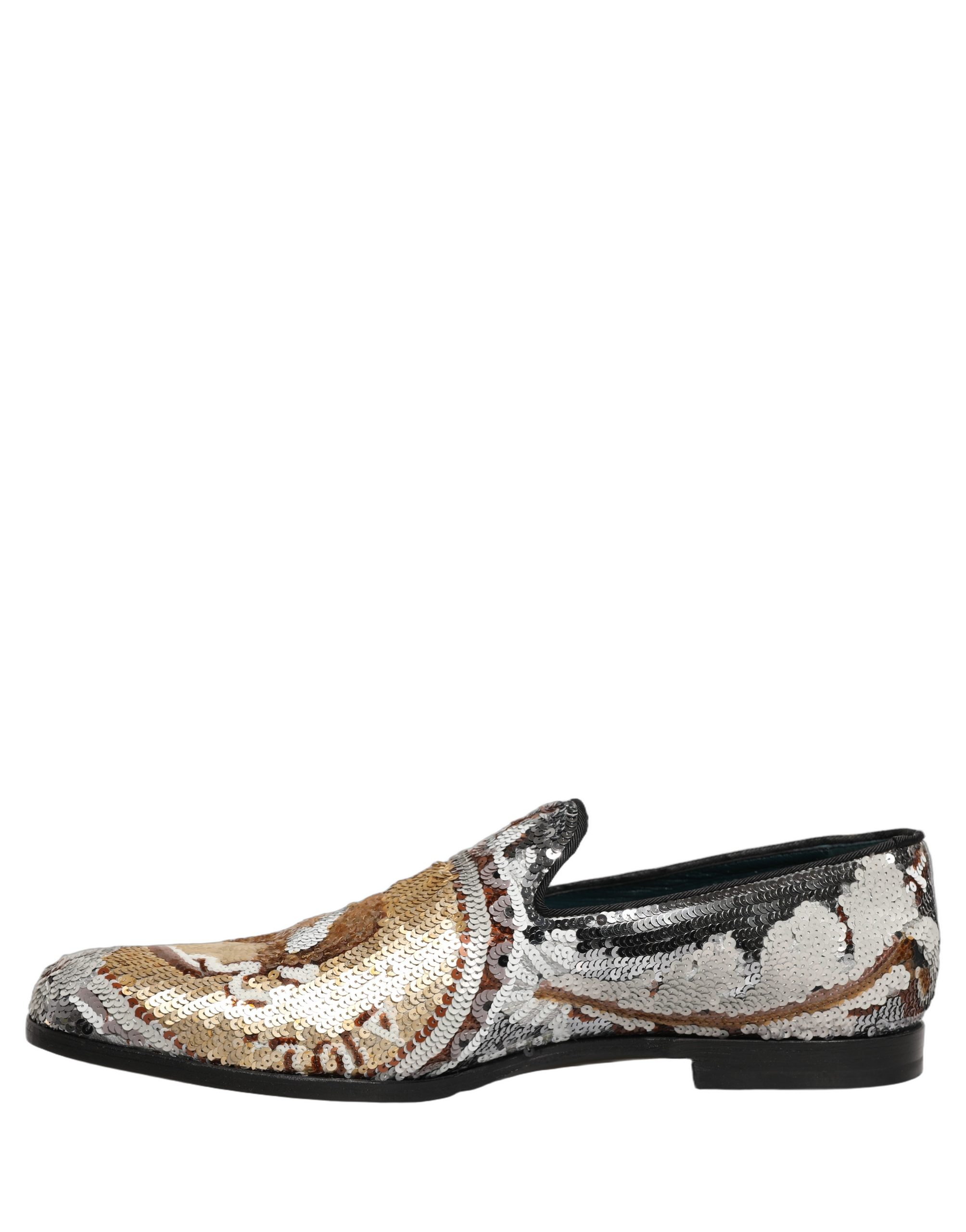 Dolce & Gabbana White Gold Sequined Slip On Loafers Shoes - Image 7