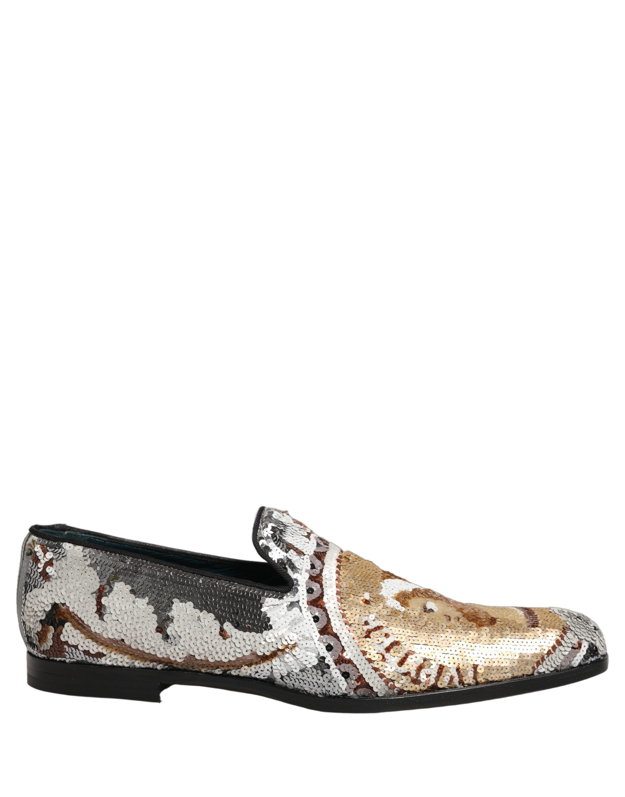Dolce & Gabbana White Gold Sequined Slip On Loafers Shoes - Image 2