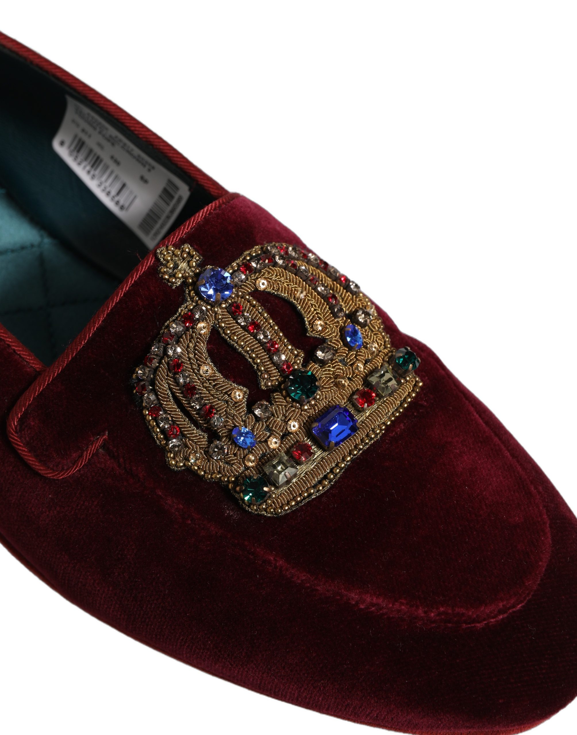 Dolce & Gabbana Burgundy Velvet Crown Slip On Loafers Shoes - Image 3