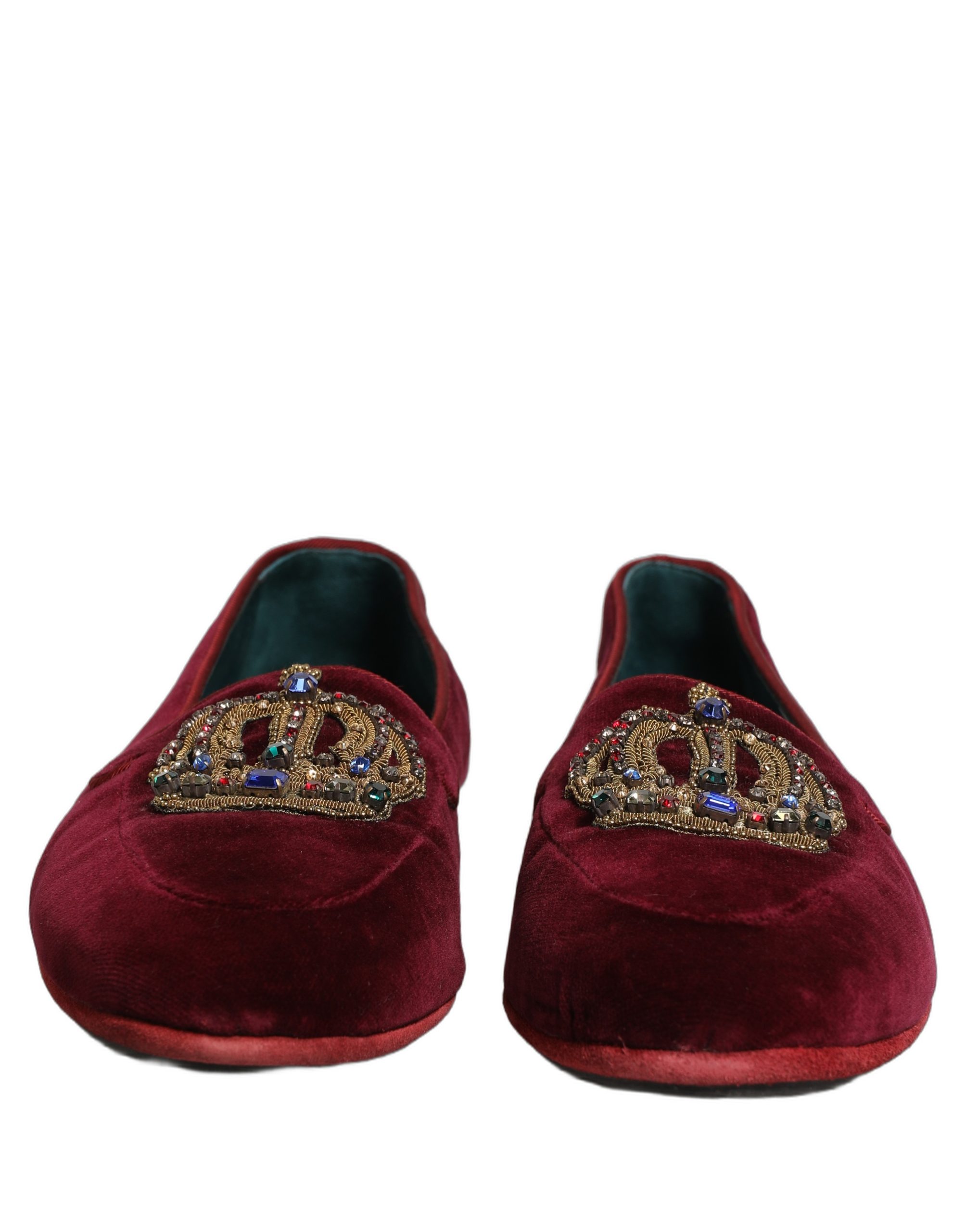 Dolce & Gabbana Burgundy Velvet Crown Slip On Loafers Shoes - Image 4