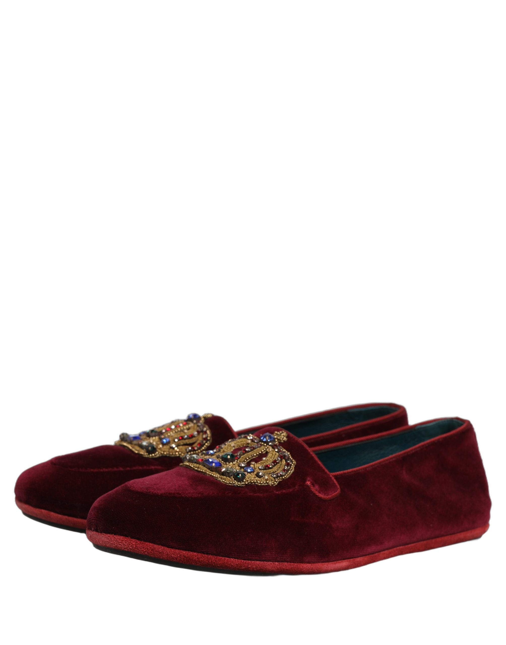 Dolce & Gabbana Burgundy Velvet Crown Slip On Loafers Shoes - Image 6