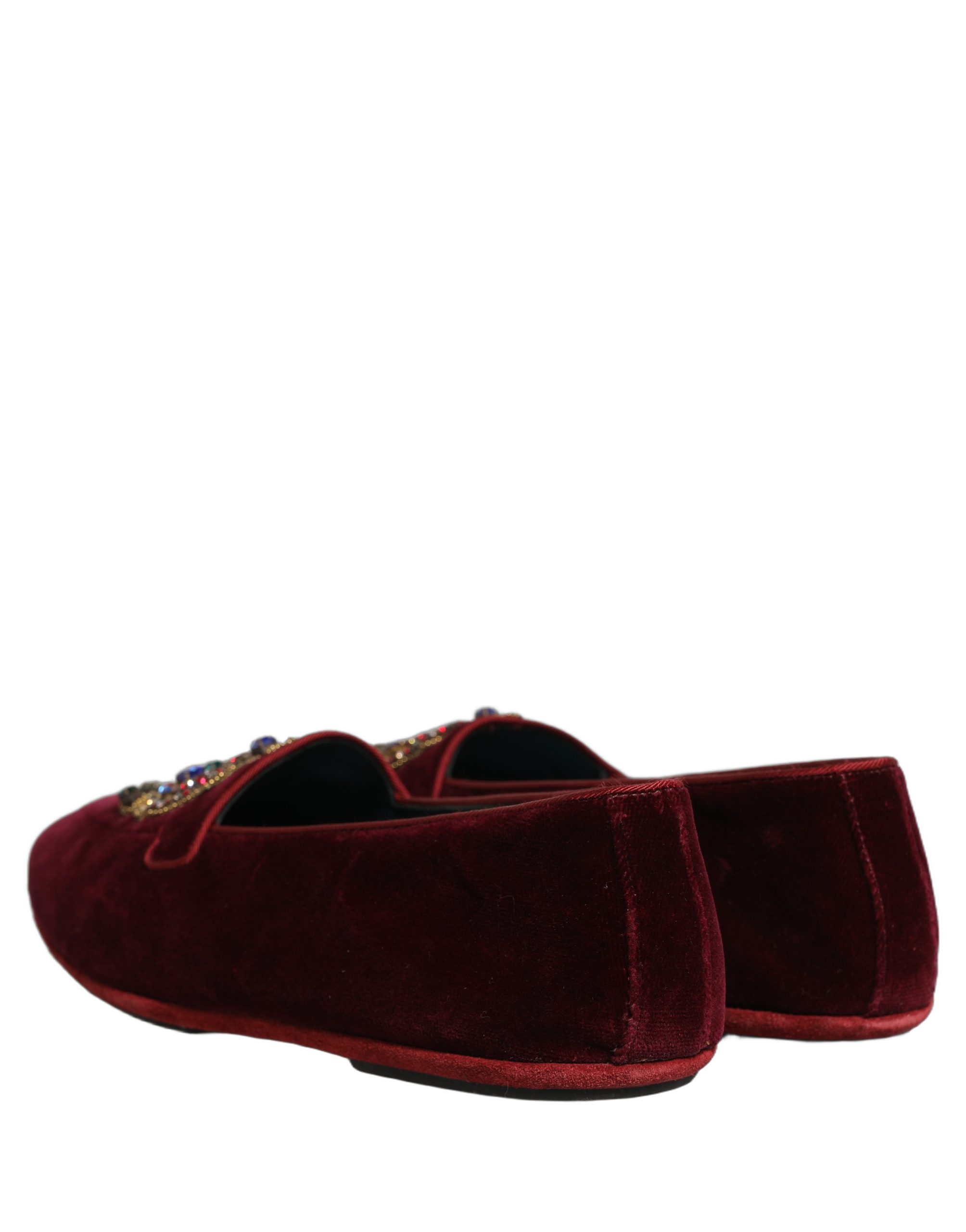 Dolce & Gabbana Burgundy Velvet Crown Slip On Loafers Shoes - Image 7