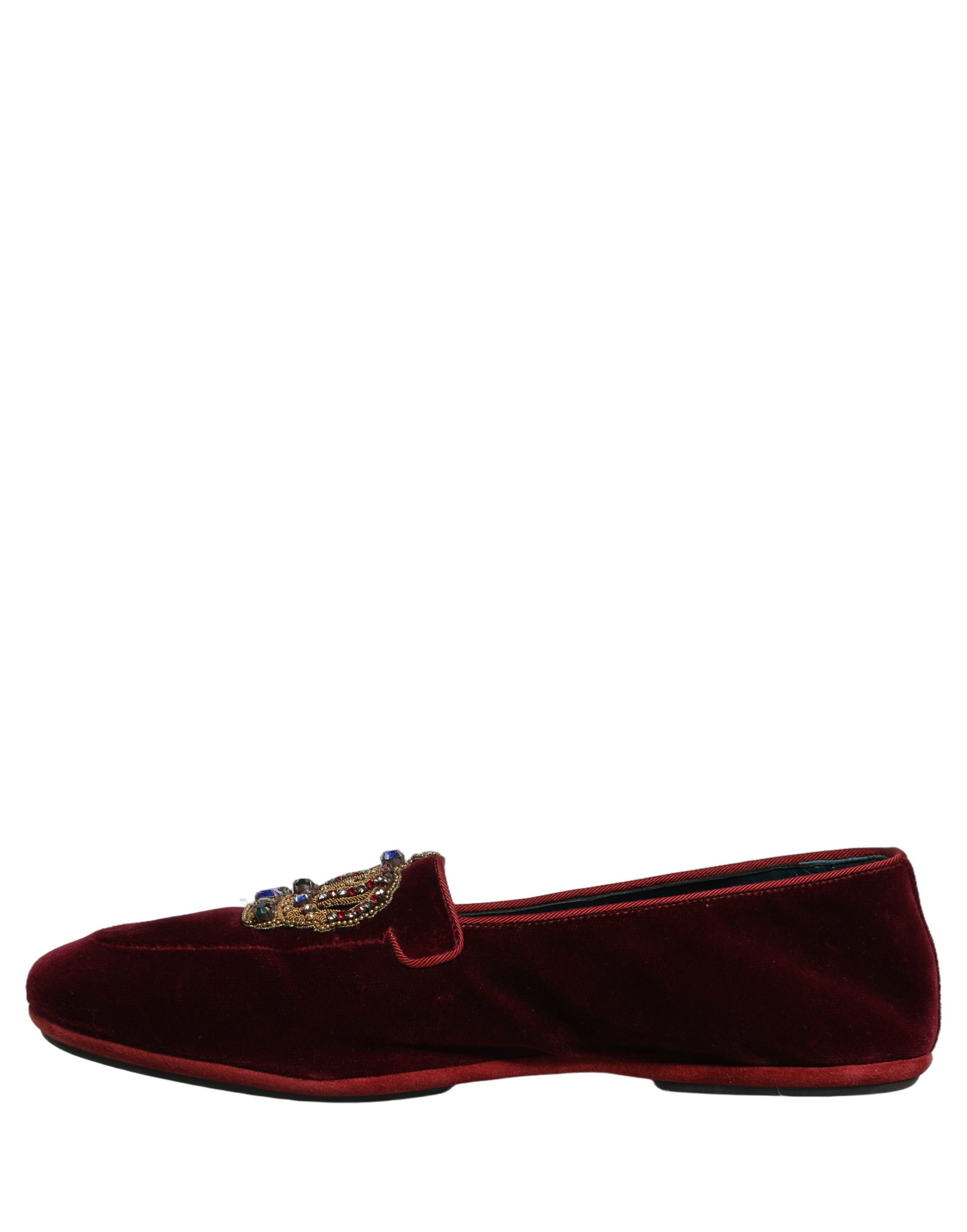 Dolce & Gabbana Burgundy Velvet Crown Slip On Loafers Shoes - Image 8