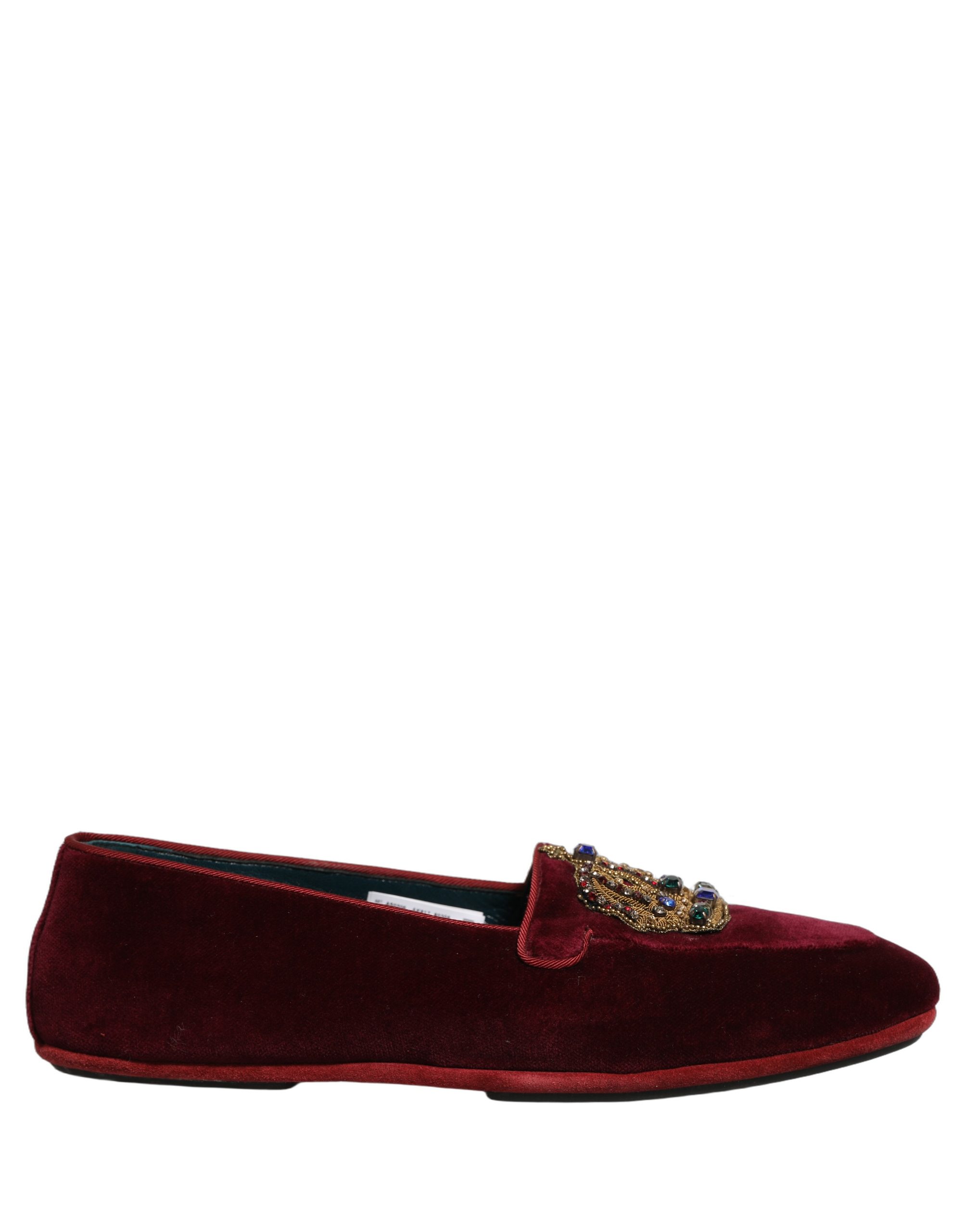 Dolce & Gabbana Burgundy Velvet Crown Slip On Loafers Shoes - Image 2