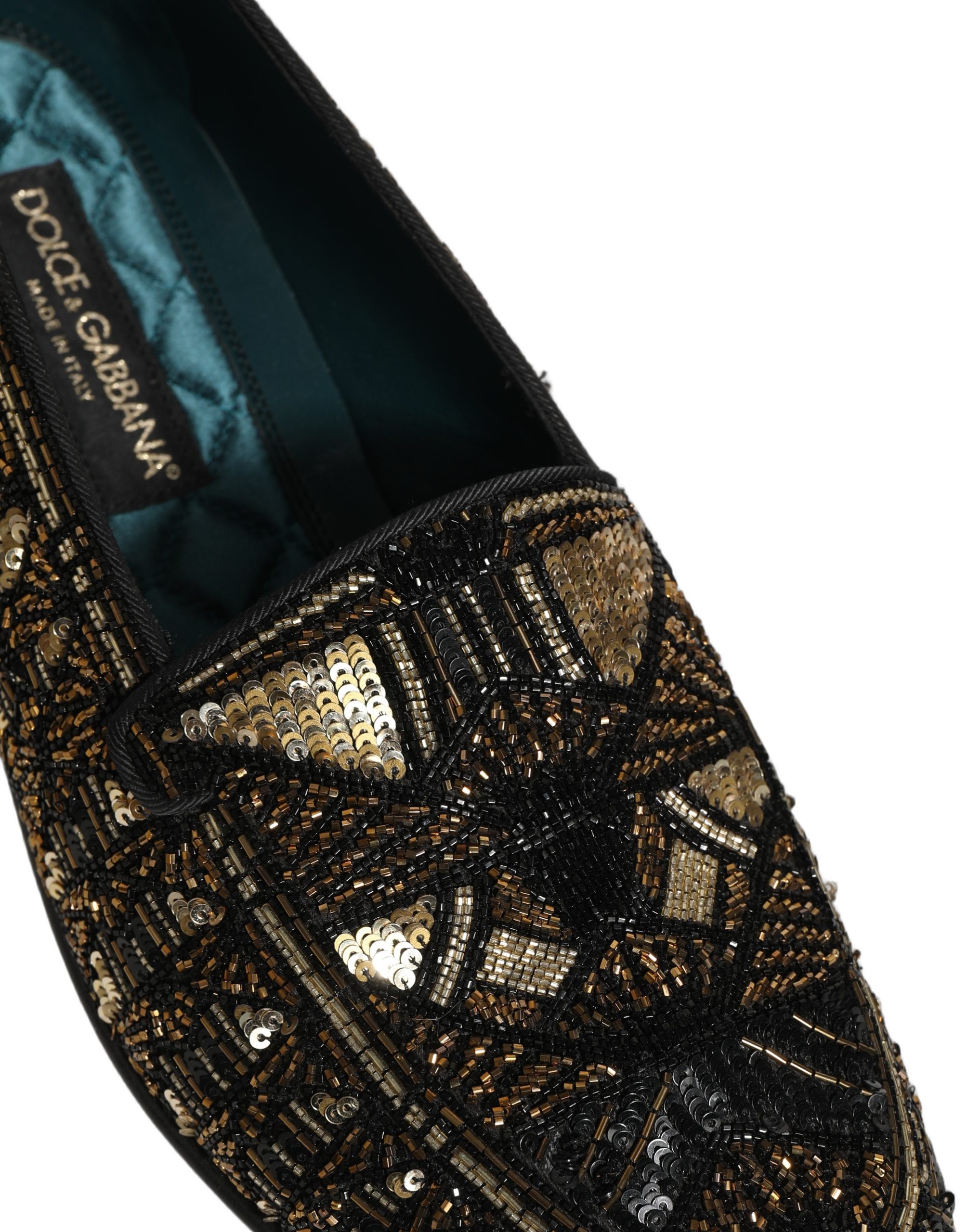 Dolce & Gabbana Black Gold Embellished Slip On Loafers Shoes - Image 8