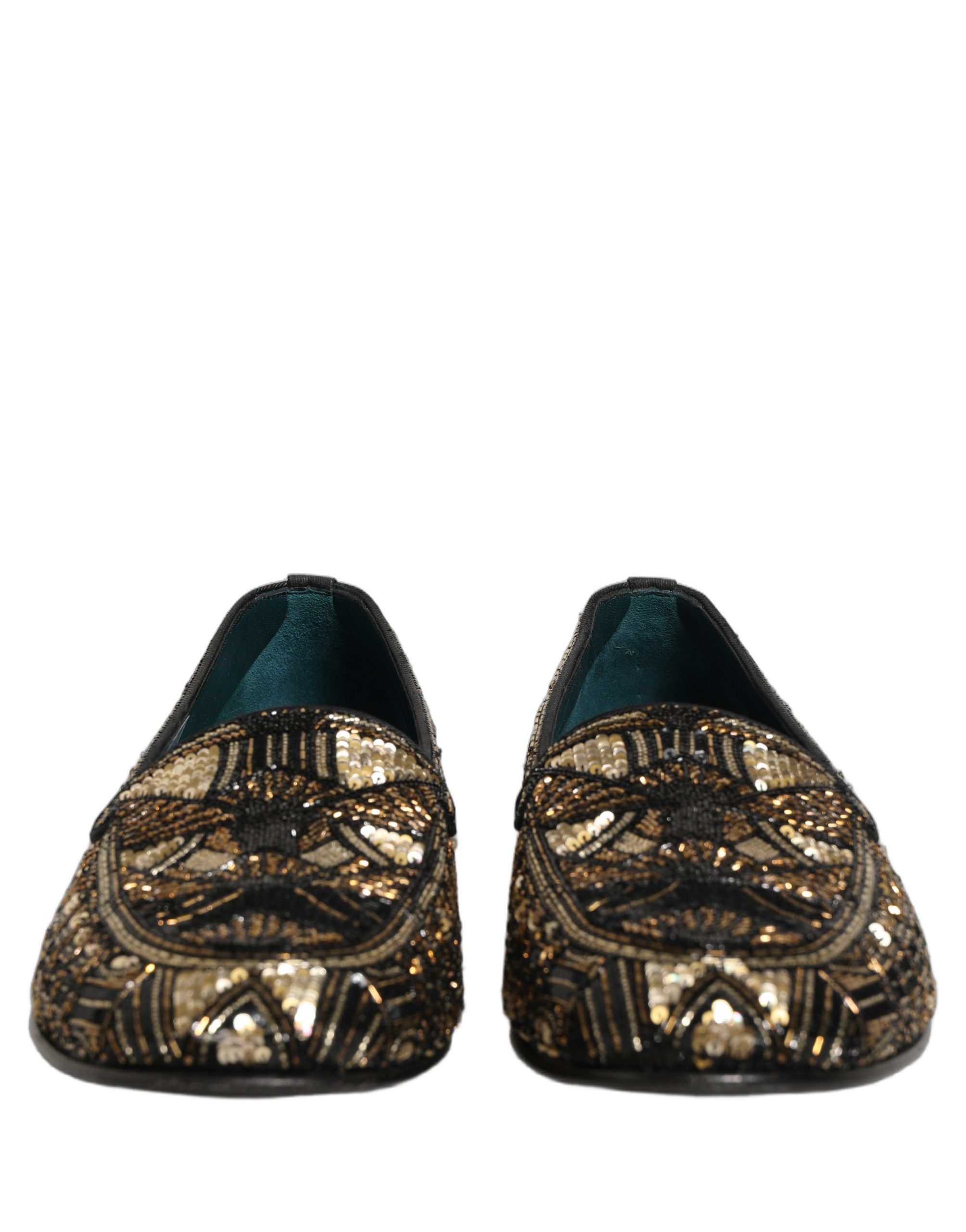 Dolce & Gabbana Black Gold Embellished Slip On Loafers Shoes - Image 3