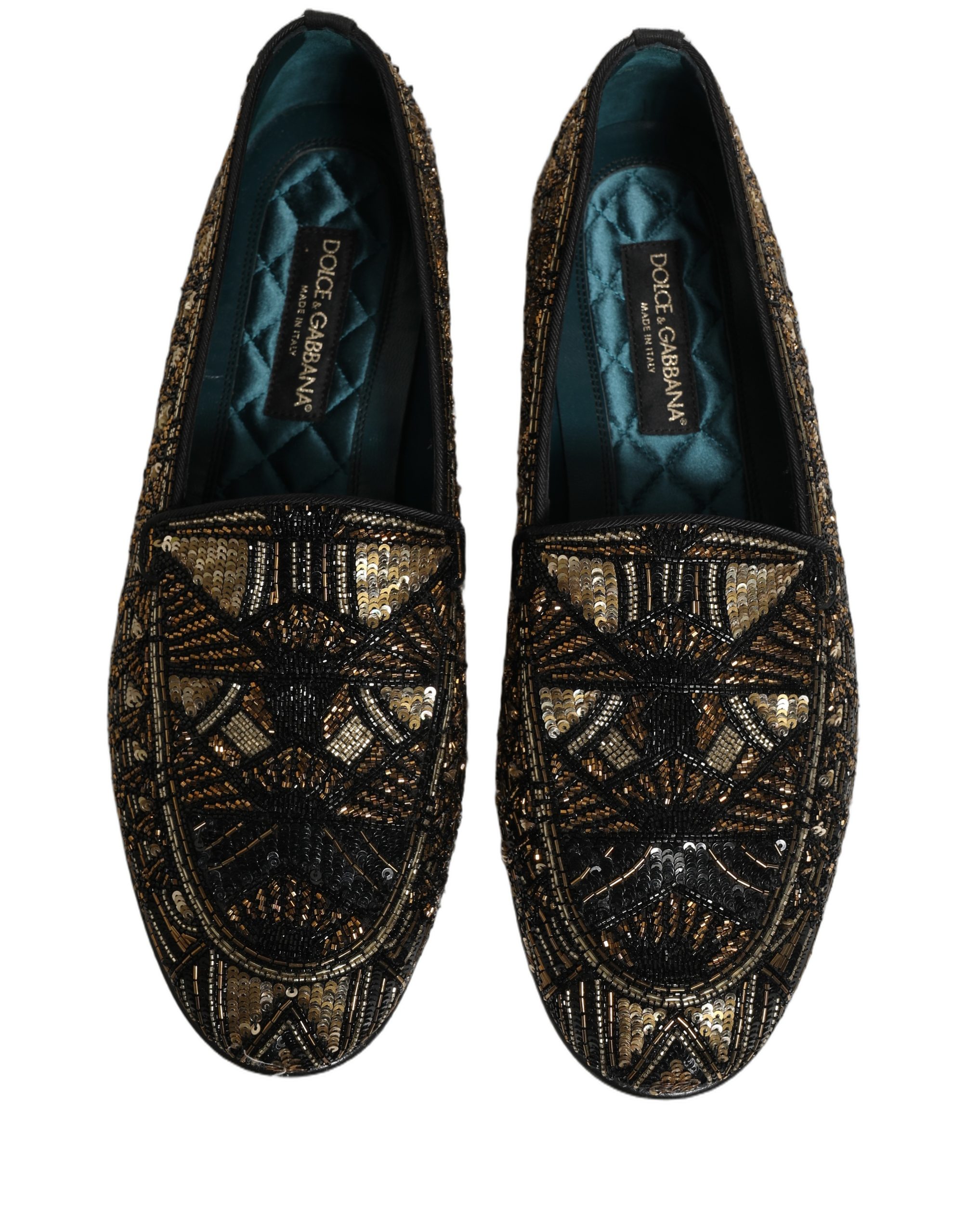 Dolce & Gabbana Black Gold Embellished Slip On Loafers Shoes - Image 4