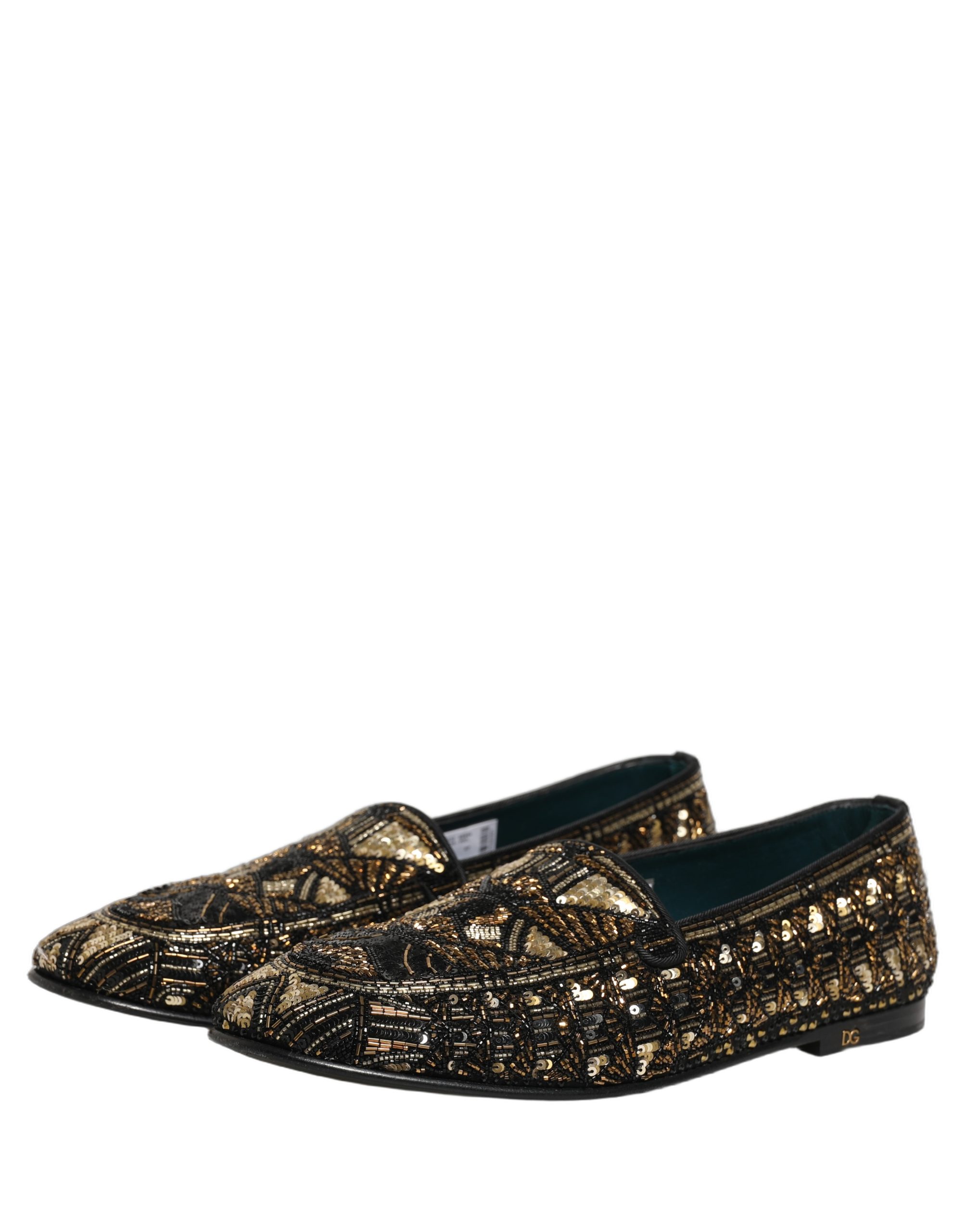 Dolce & Gabbana Black Gold Embellished Slip On Loafers Shoes - Image 5