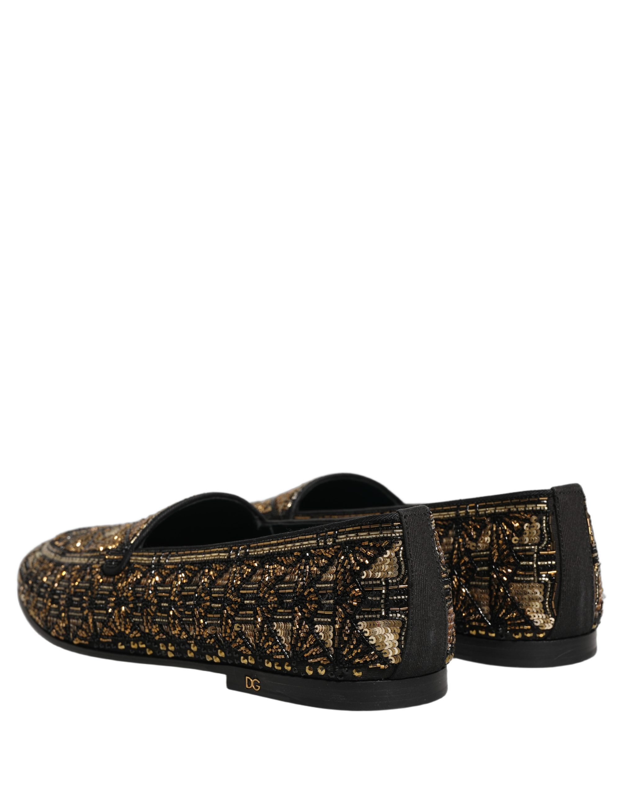 Dolce & Gabbana Black Gold Embellished Slip On Loafers Shoes - Image 6