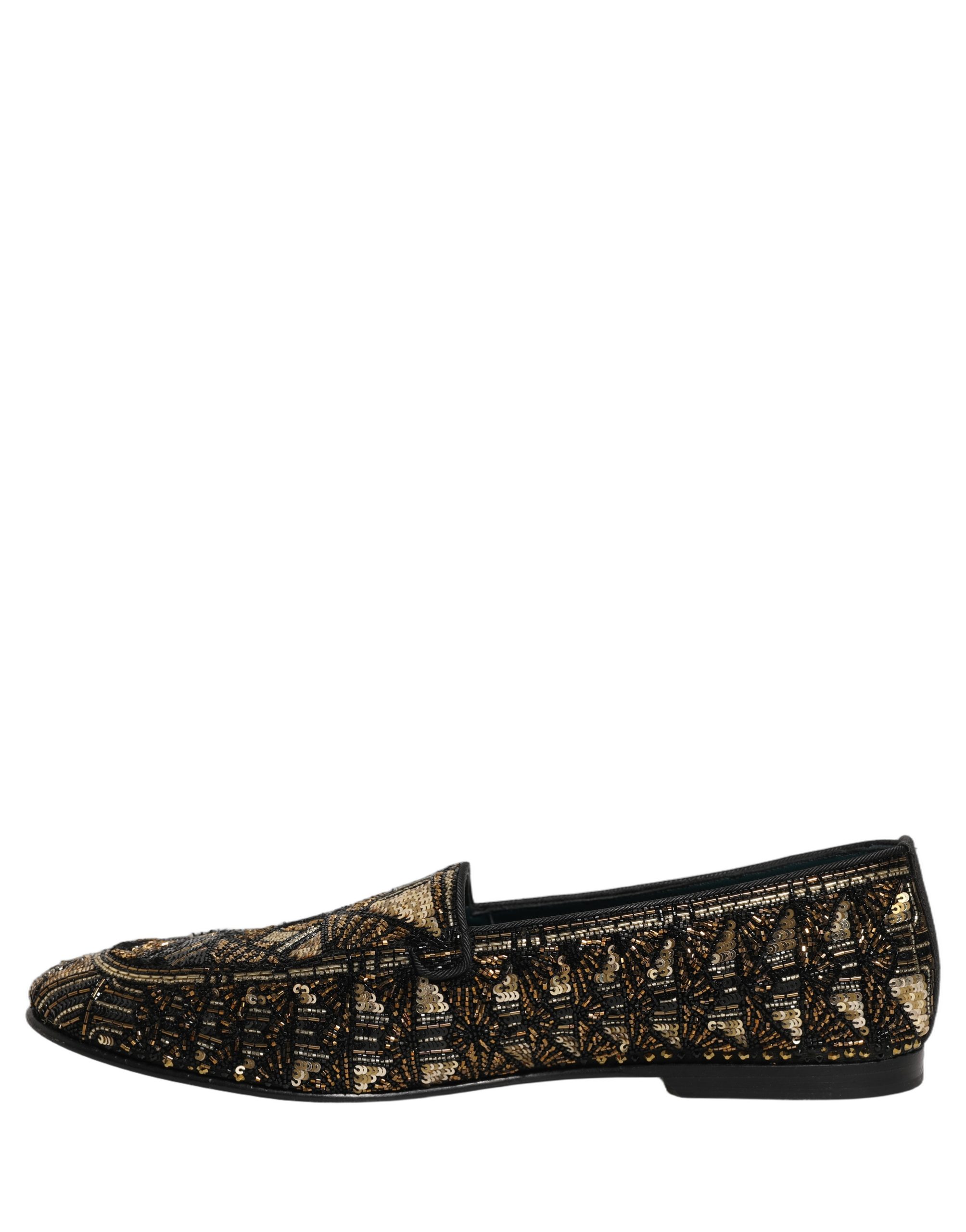 Dolce & Gabbana Black Gold Embellished Slip On Loafers Shoes - Image 7
