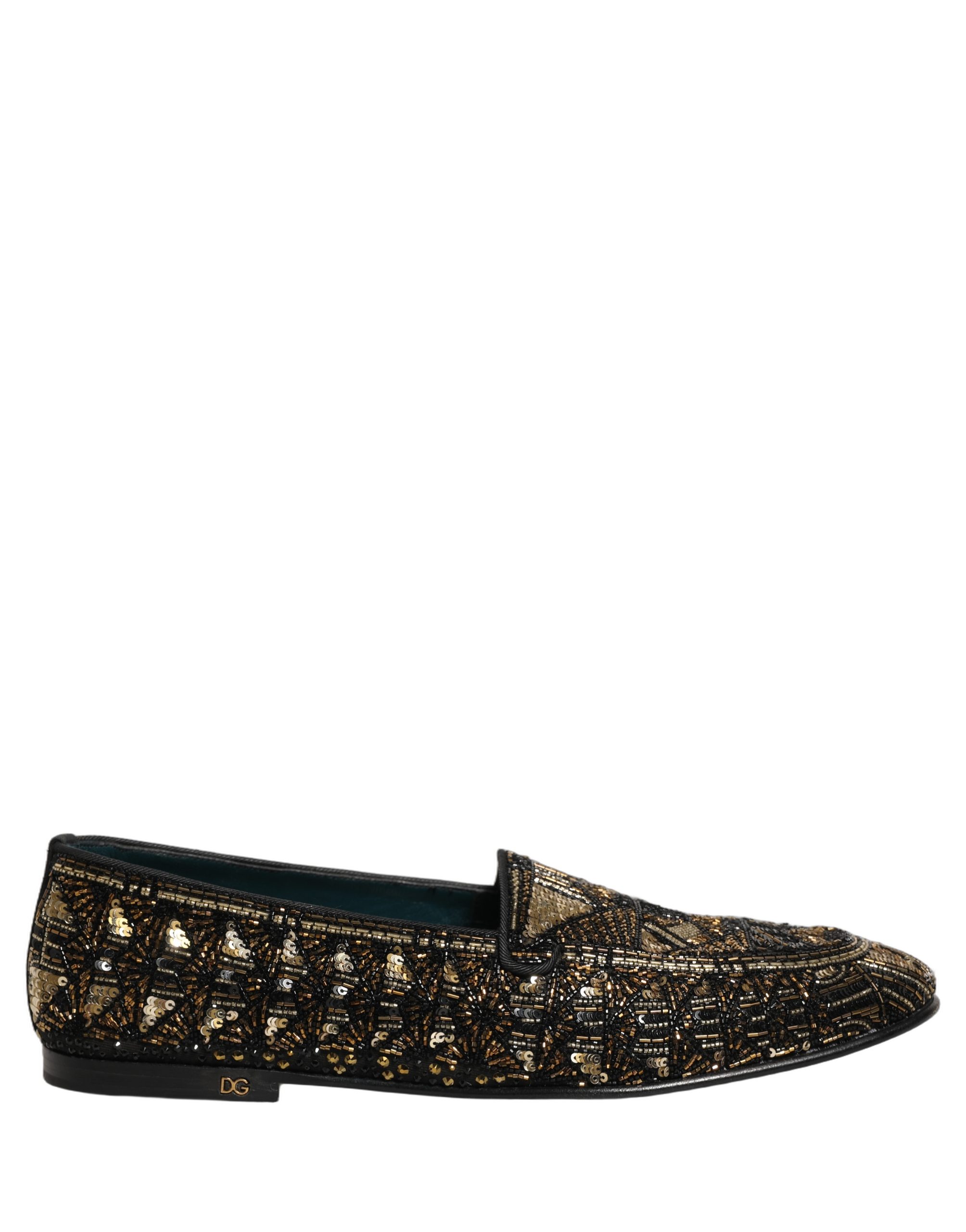 Dolce & Gabbana Black Gold Embellished Slip On Loafers Shoes - Image 2